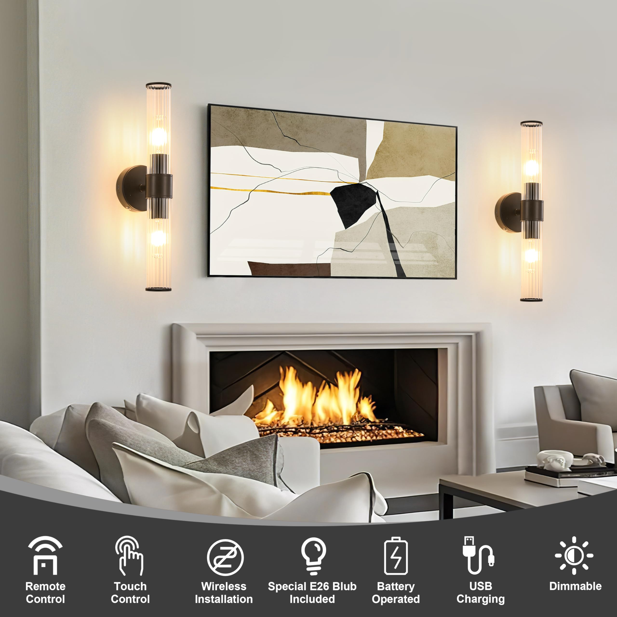 Battery Operated Wall Sconces Set of 2, Rechargeable Wall Lights with Dimmable Remote Control, 20 Modern Sconce Wall Lighting, B