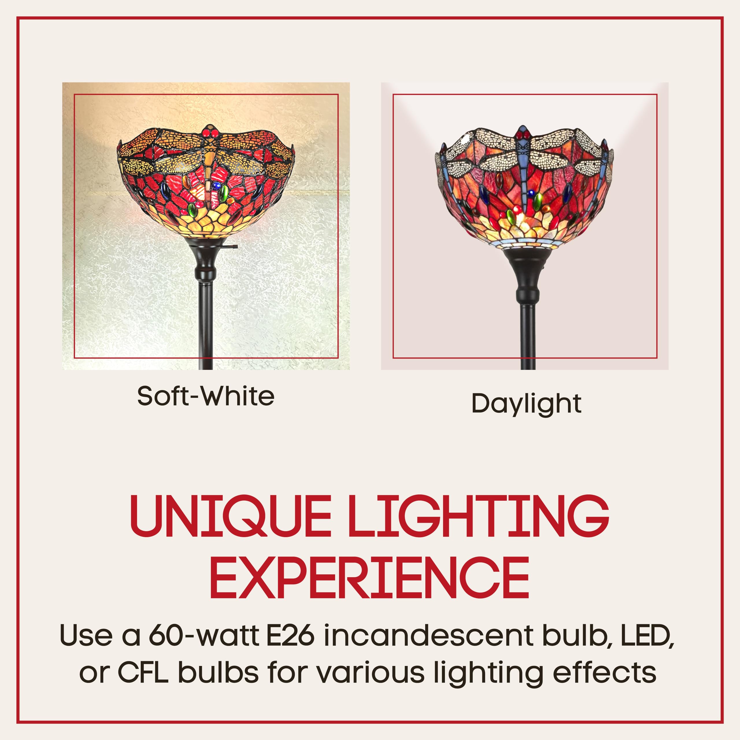 Amora Tiffany Floor Lamp - 74” Dragonfly Stained Glass, Multicolor, Model AM040FL14B