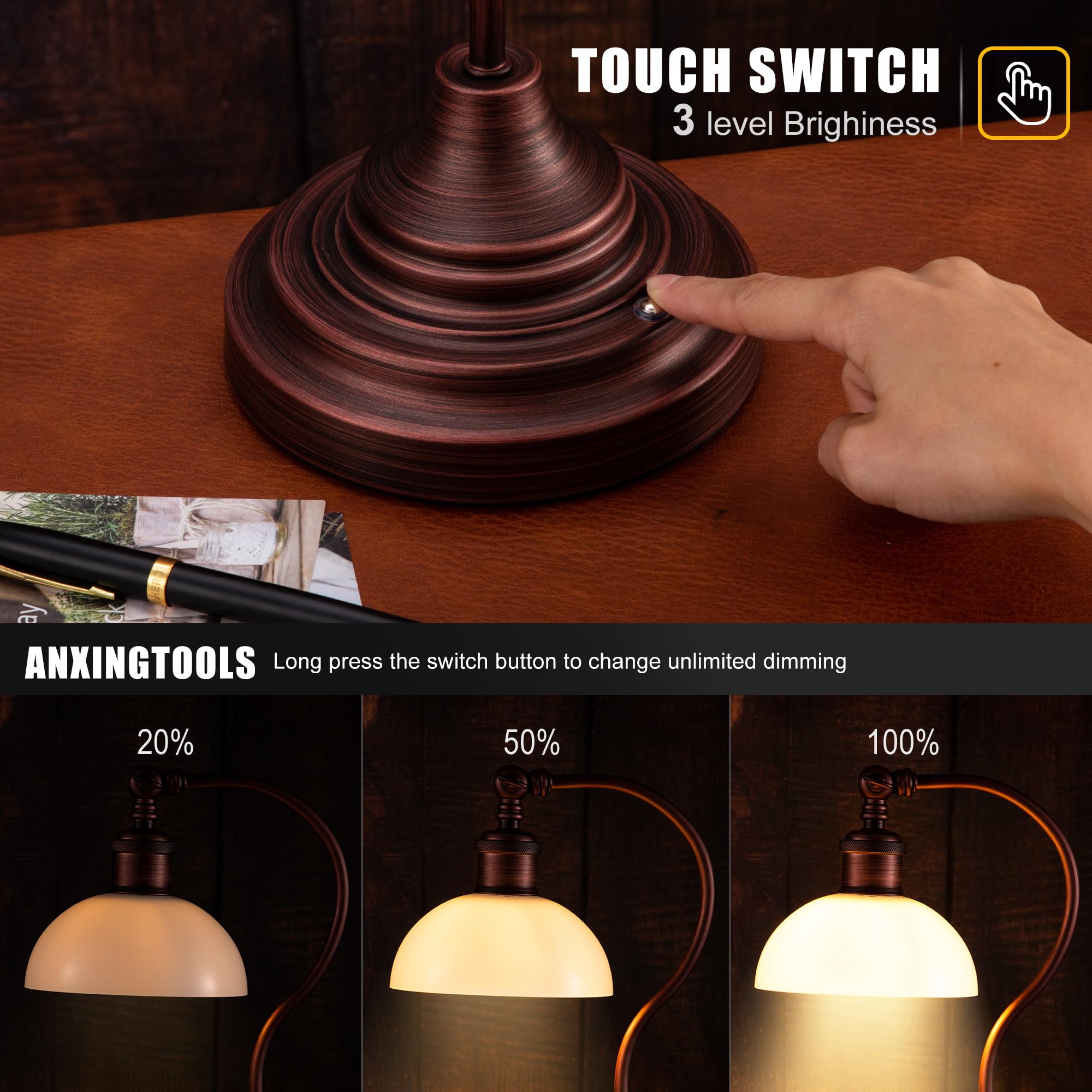 Anxingtools Cordless LED Table Lamp - Rechargeable, 3-Level Dimming, 180° Swivel Head, Oil Rubbed Bronze-White Glass, Model AN Table lamp 05