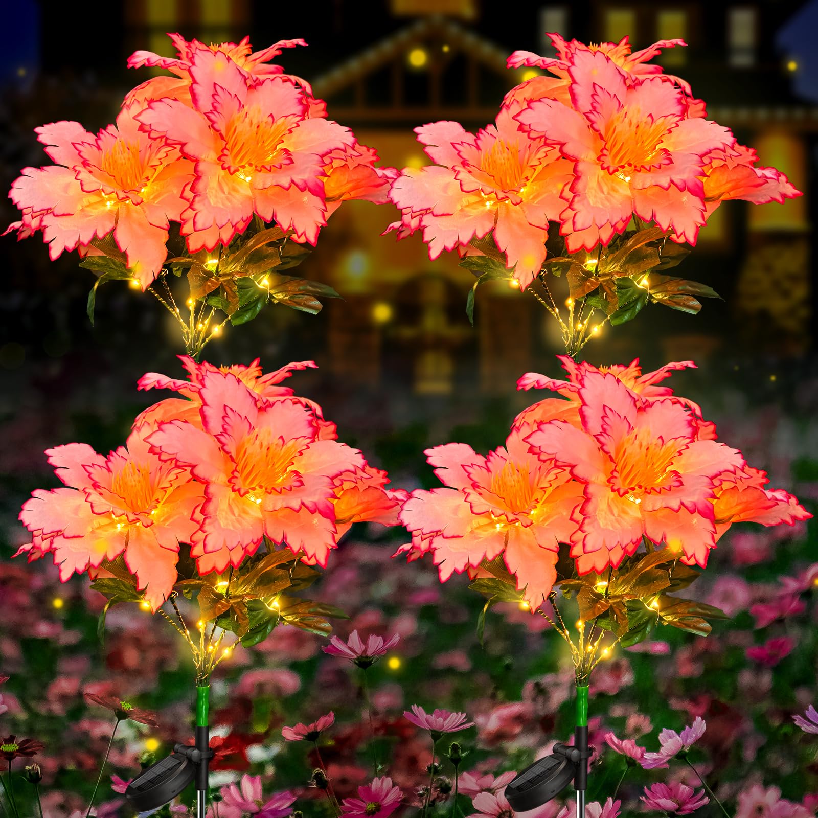 Neporal Solar Flowers Outdoor Waterproof Rhododendron, 4PK 7-Stem Garden Solar Lights, 2 Decor Lighting Modes