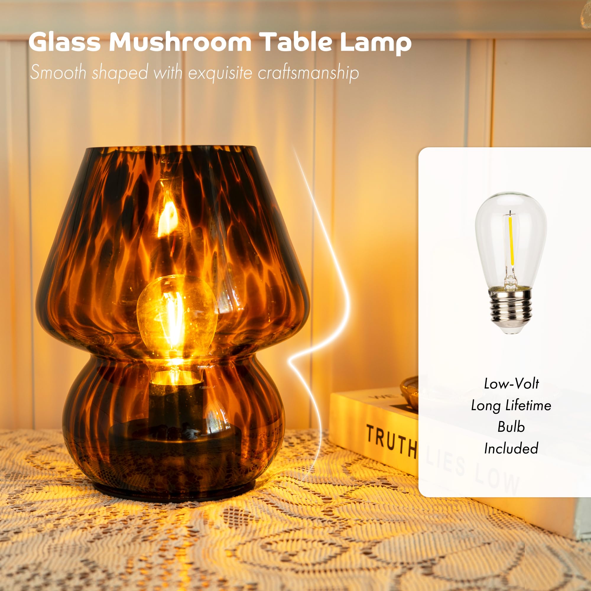 ULAROOM Battery Operated Mushroom Lamp - Vintage 6x6 in. Golden Amber Table Lamp with Timer for Bedroom, Kitchen, Living Room Decor