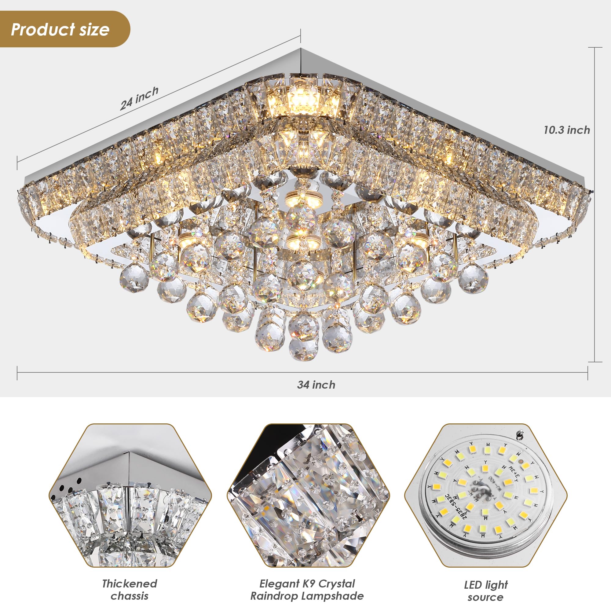 24 Crystal Ceiling-Light Flush Mount with Remote and APP, 3 Colors Temp & Brightness Adjustable, Modern Crystal Raindrop Chandel
