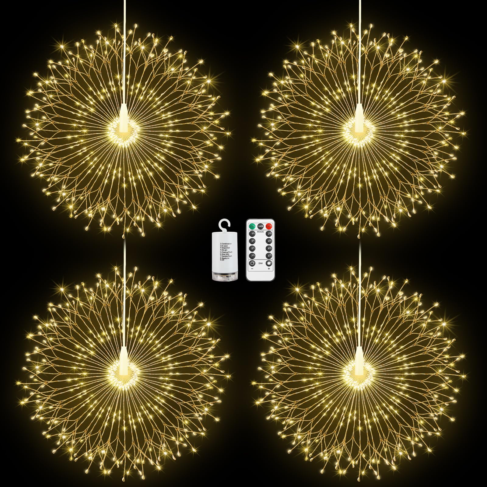 Lewondr Christmas Firework Lights  4 Pack Hanging Fairy Lights with Remote  210 LED Lights  8 Modes  Waterproof Firework Starburst String Lights for Outdoor Indoor Home Decor  Warm White