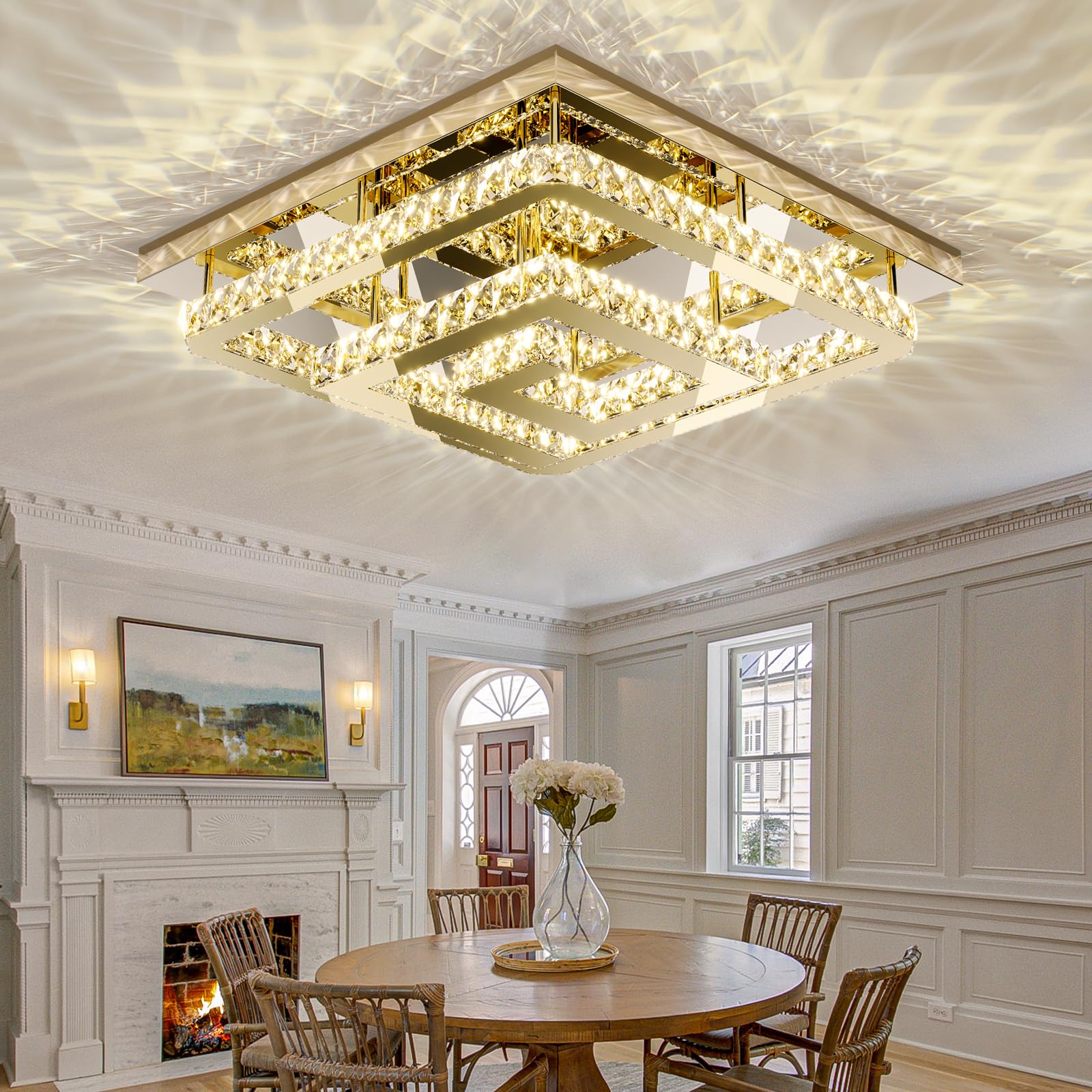 Miuyhji 34" Gold Crystal Chandelier - Modern LED Ceiling Light with Remote/App Control, 3 Color Temperatures, Adjustable Brightness