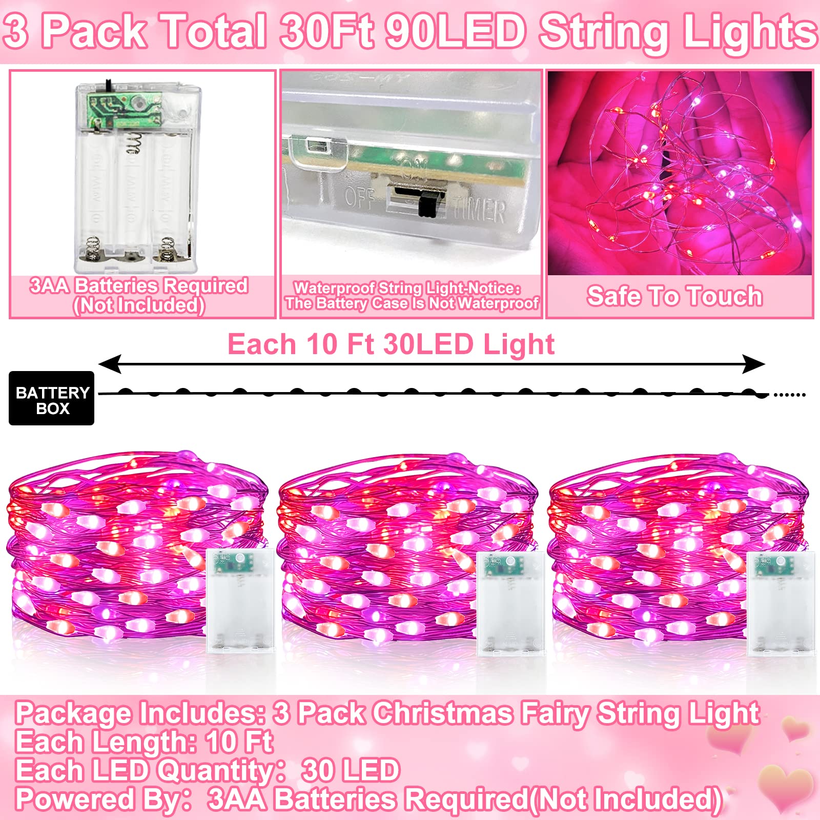 [Timer]3 Pack 3 Color -Pink Red White Valentines Fairy Lights Valentines Day Decorations, Battery Operated Copper Wire Valentine