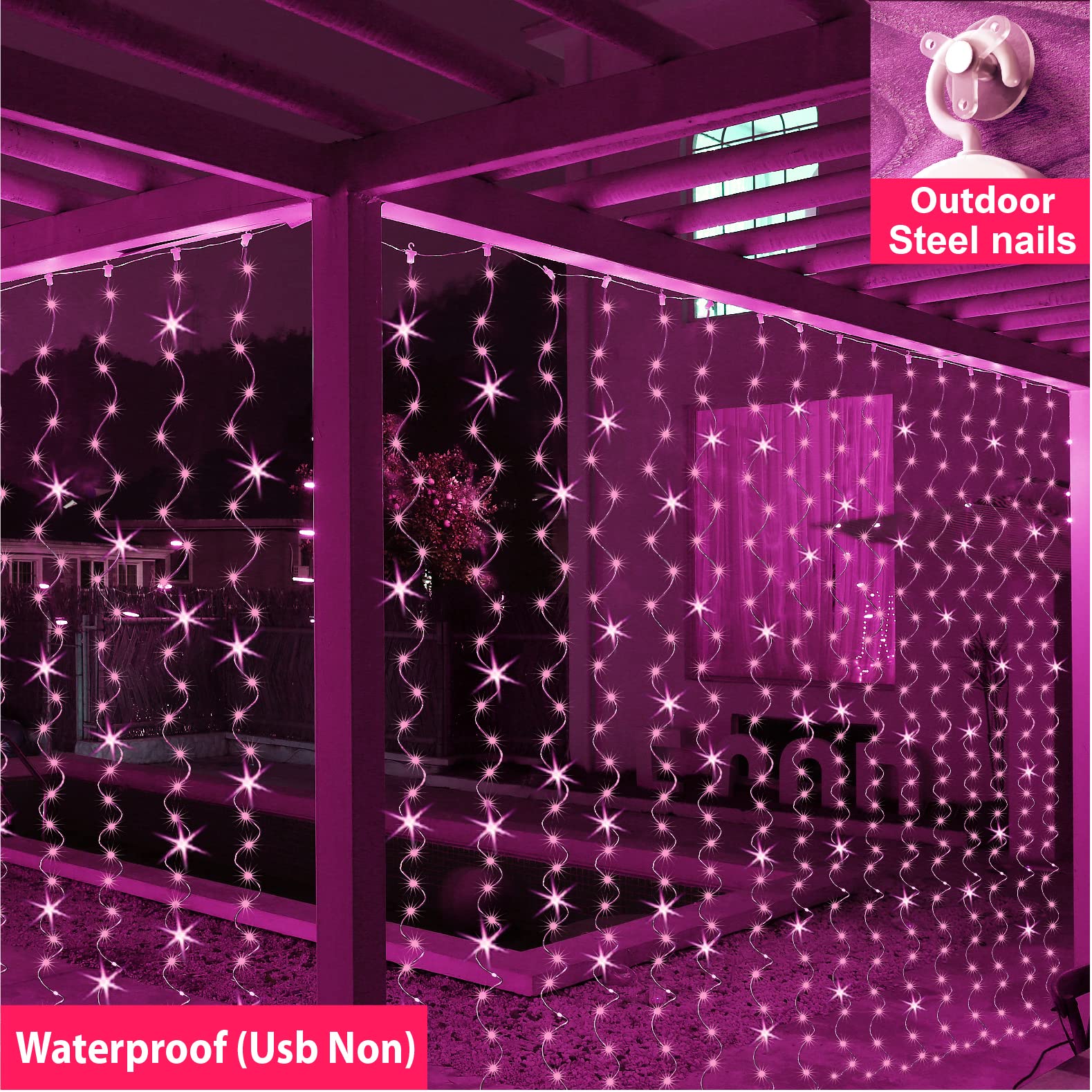 ZSJWL Pink Curtain Fairy Lights, 300 LEDs, Waterproof, USB Plug, 8 Modes, 9.8x9.8 Ft, Copper Wire for Bedroom, Christmas, Wedding Party