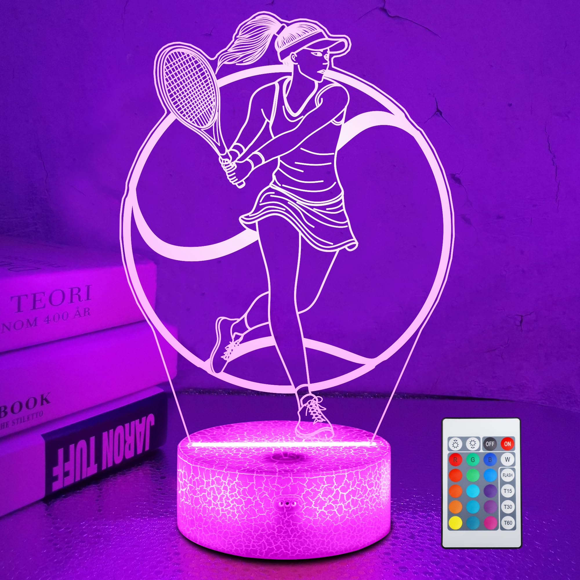 OkiyiD Tennis Gifts for Women & Girls, Light Up Tennis Night Light 3D Illusion Lamp with 16 Colors Remote Control,Tennis Accesso