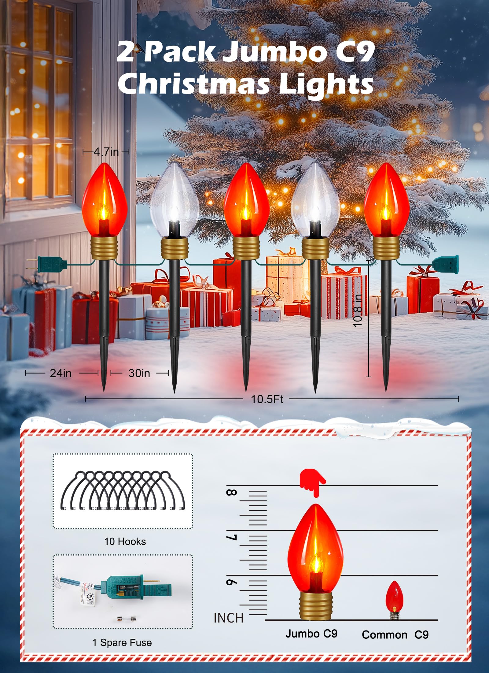 Brightown Jumbo Outdoor Christmas String Lights 2 Pack - Waterproof Red & White Bulbs for Lawn Decoration, Model GY-C-50.6-U-B1