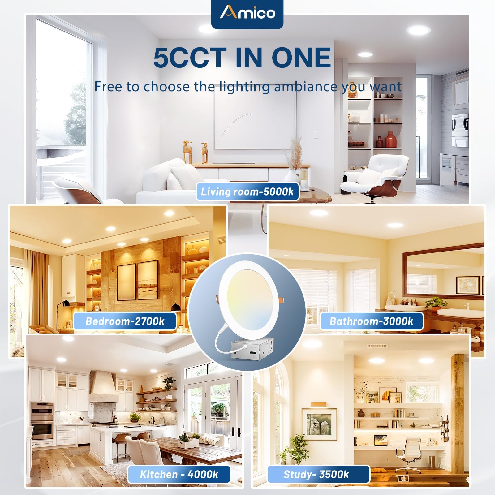 Amico 6 Pack 7 Ultra-Thin Dimmable LED Recessed Ceiling Lights, 5CCT Selectable, 15W=100W, 1300LM, ET