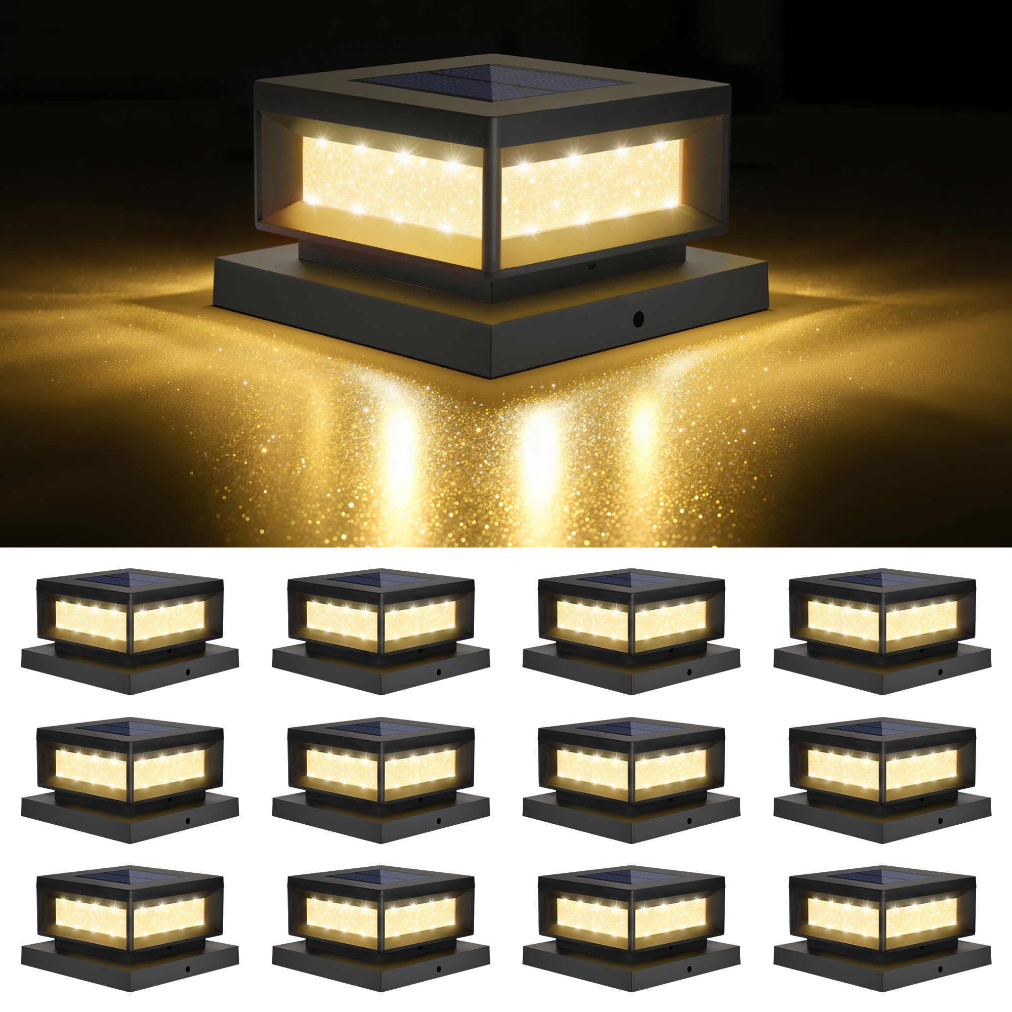 Mlambert 12 Pack Solar Powered Post Cap Lights Outdoor For 4X4/6X6 Wood/Vinyl Posts  Waterproof Deck Fence Patio Porch Light Cool/Warm Lighting  Black