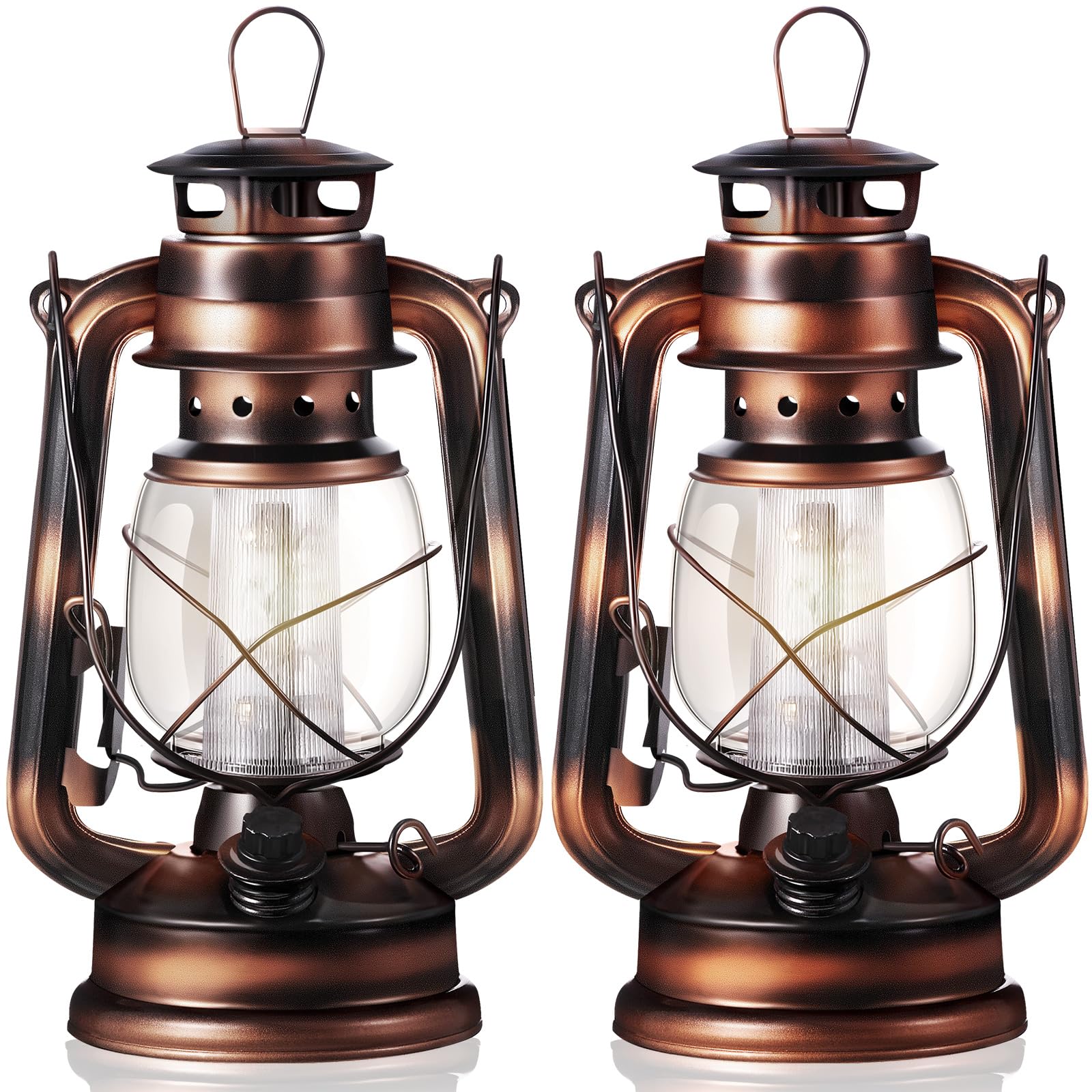 Hortsun 2 Pieces 8 Inch Vintage LED Hurricane Lantern 12 Warm LEDs and Dimmer Switch Battery Operated Farmers Hanging Lantern fo