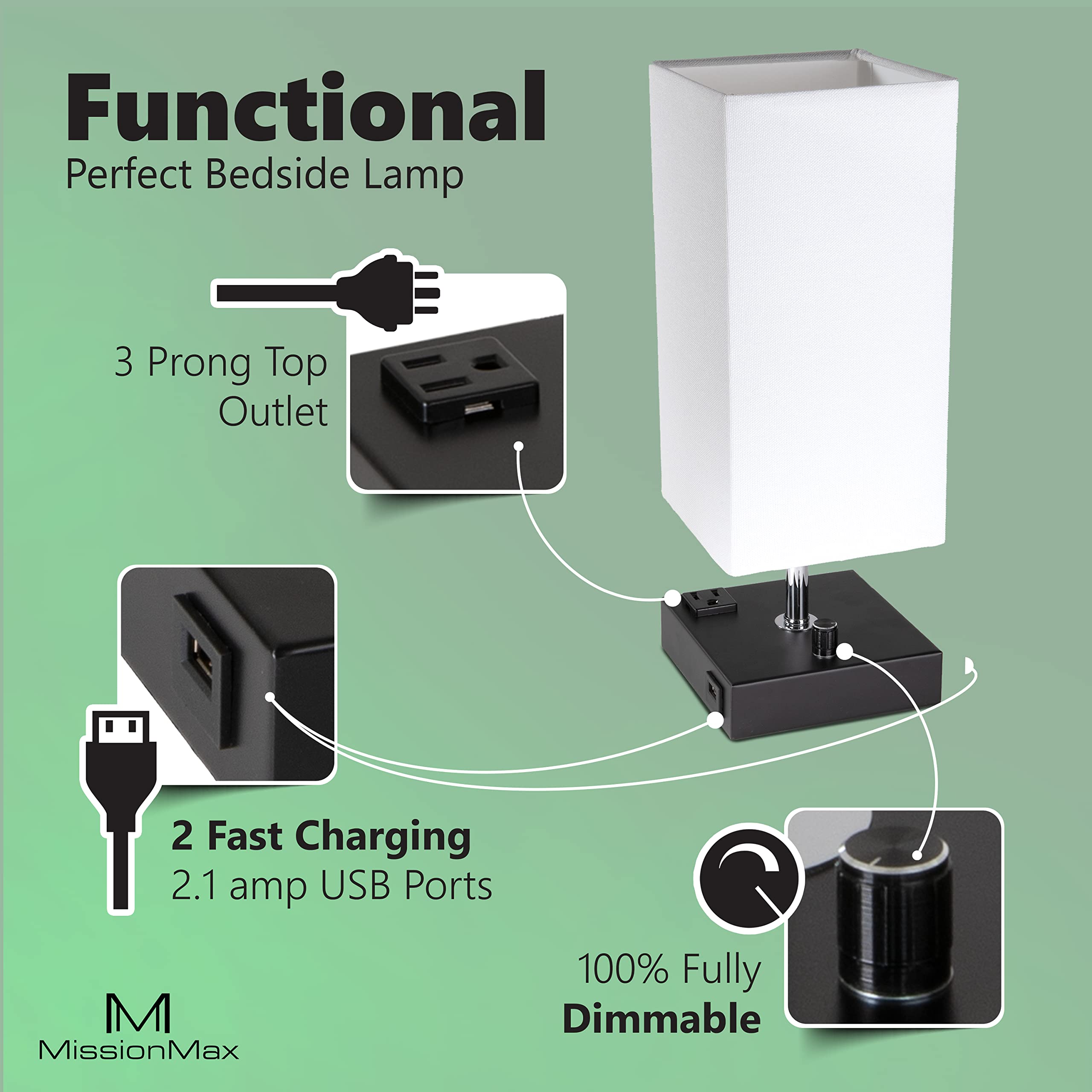 Missionmax Modern Table Lamp White Small 100% Dimmable With 2 Fast Charge Usb Ports & Grounded Outlet. Great Table Lamps For Bed