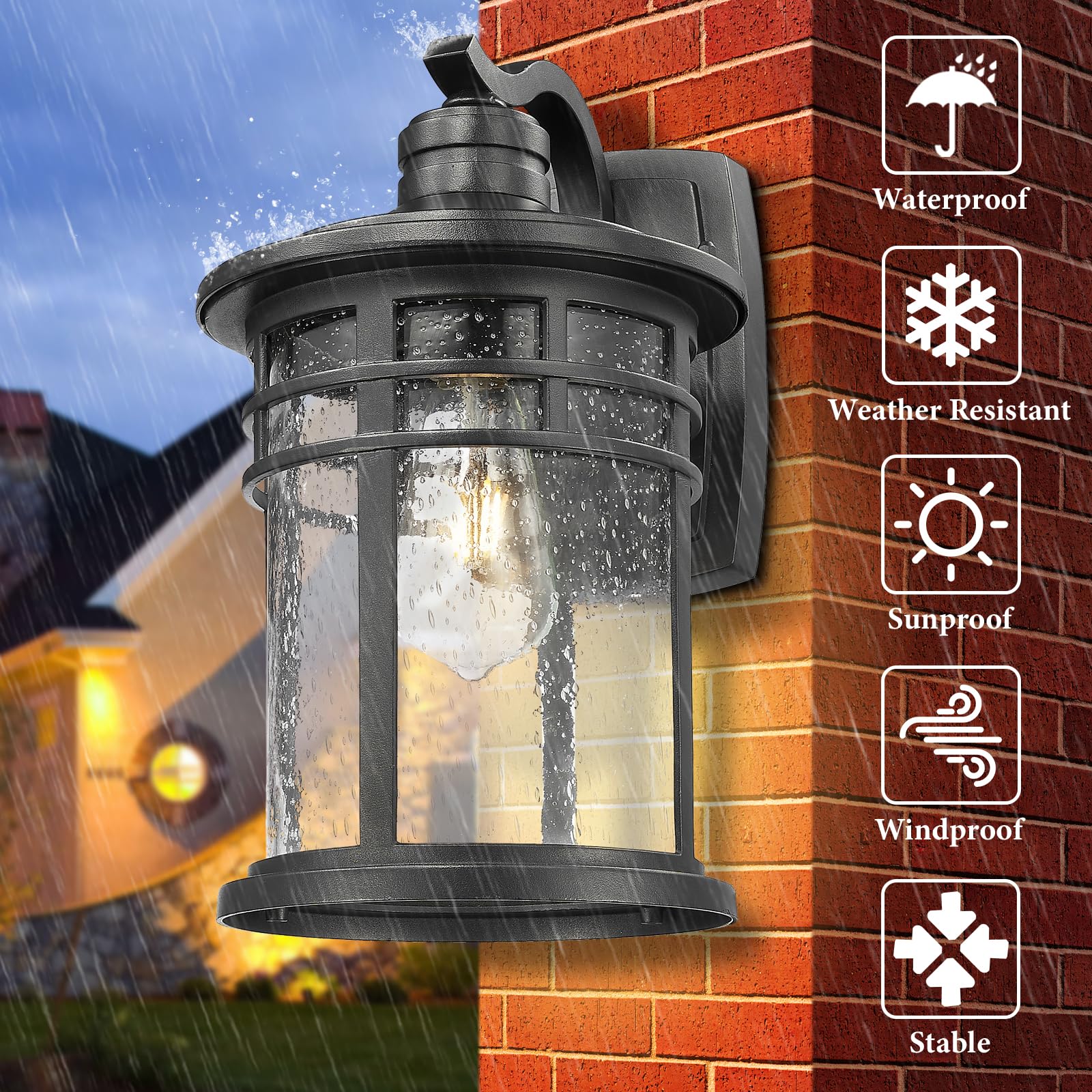 Darkaway Large Outdoor Porch Light Fixture - Black Seeded Glass Sconce for Patio, Yard, Hallway, Garage - Model 6X20B-M BK