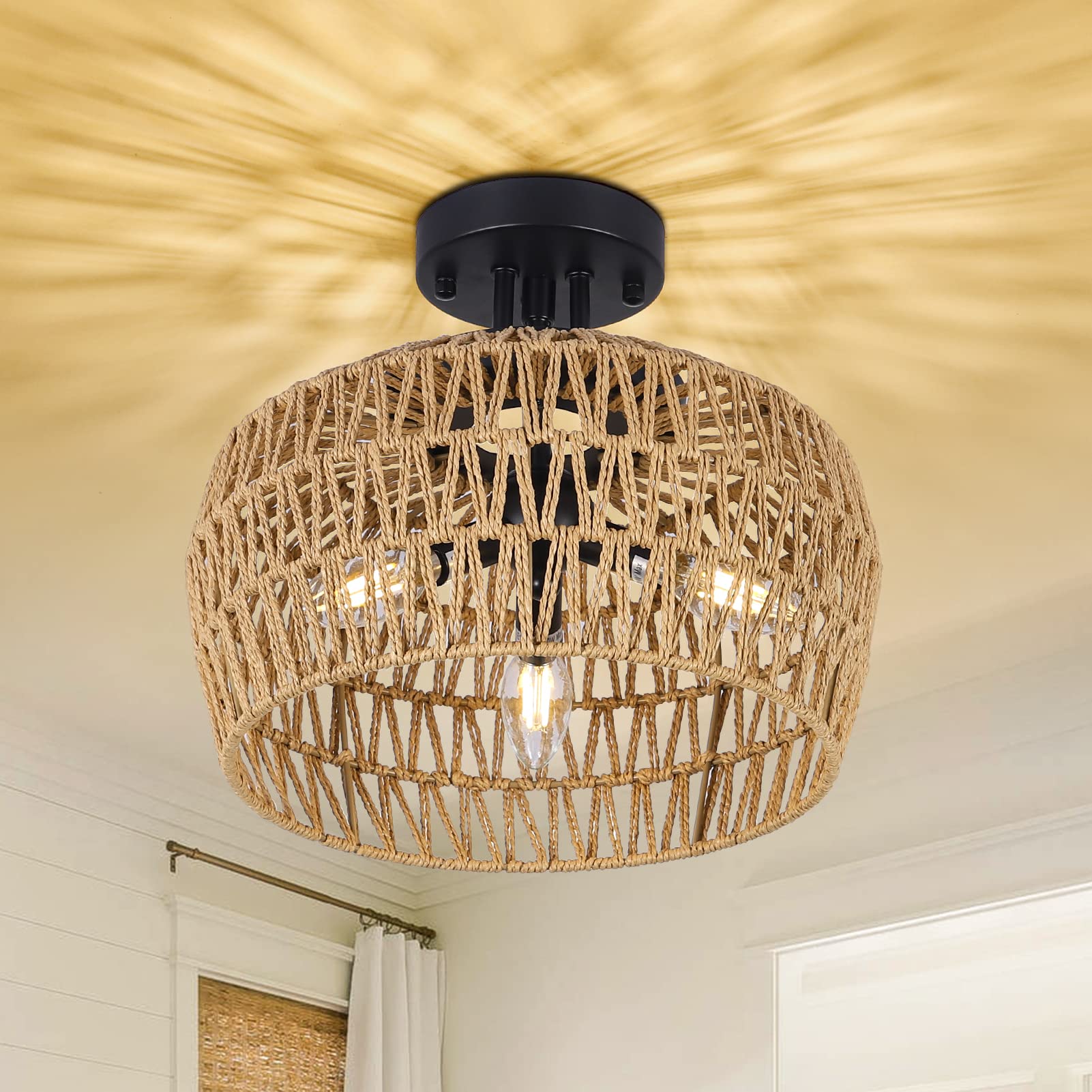 Hmvpl Rattan Semi Flush Mount Ceiling Light, 3-Light Boho Chandelier For Living Room, Bedroom
