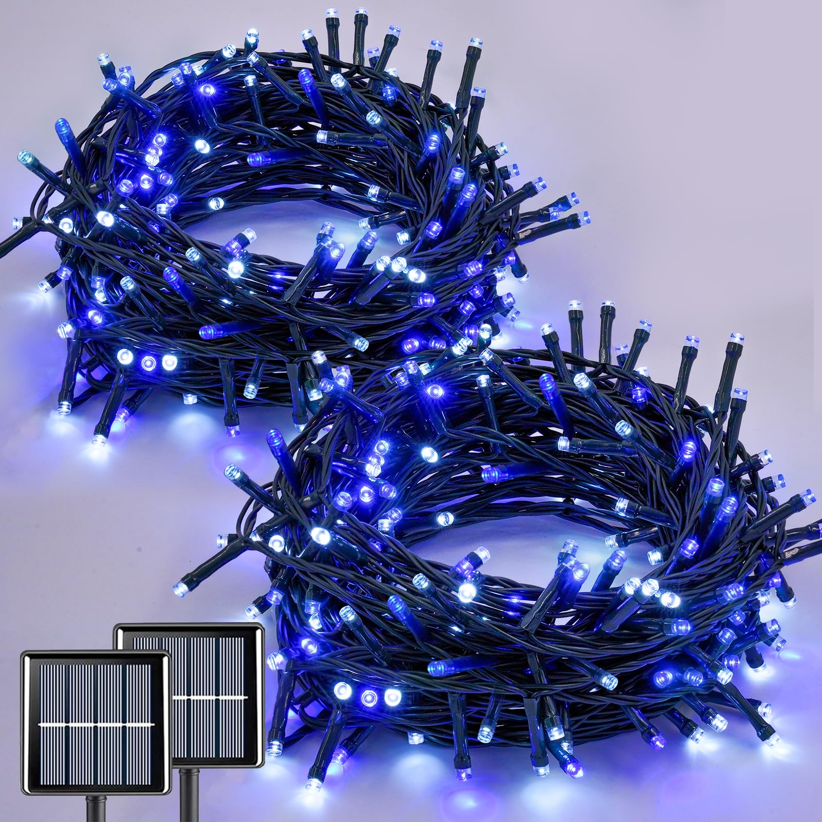 QITONG 2 Pack Blue and White Solar Christmas Lights, Each 66ft 200 LED Solar String Lights Outdoor Waterproof, 8 Modes Solar Twi