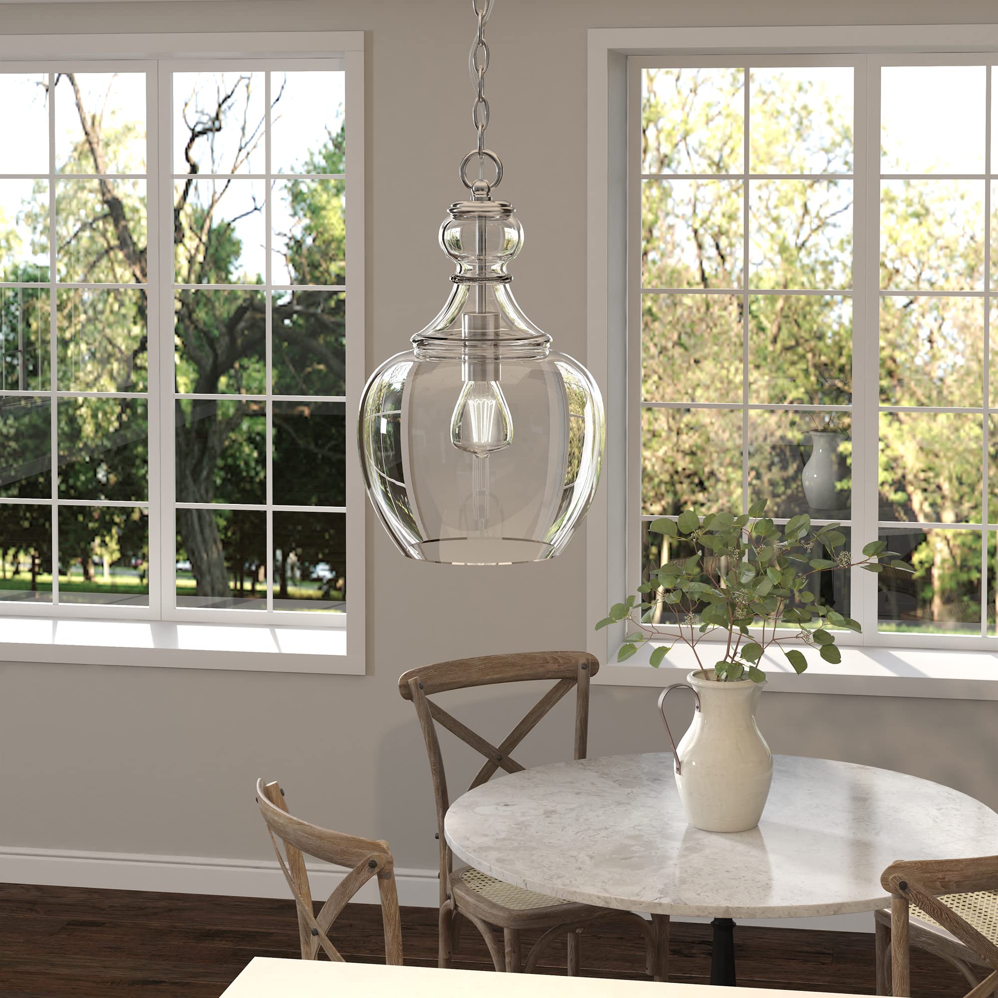 Henn&Hart Pendant Light Fixture, 11in Wide, Brushed Nickel/Clear Glass Shade, Model PD1069, Ideal for Kitchen or Living Room