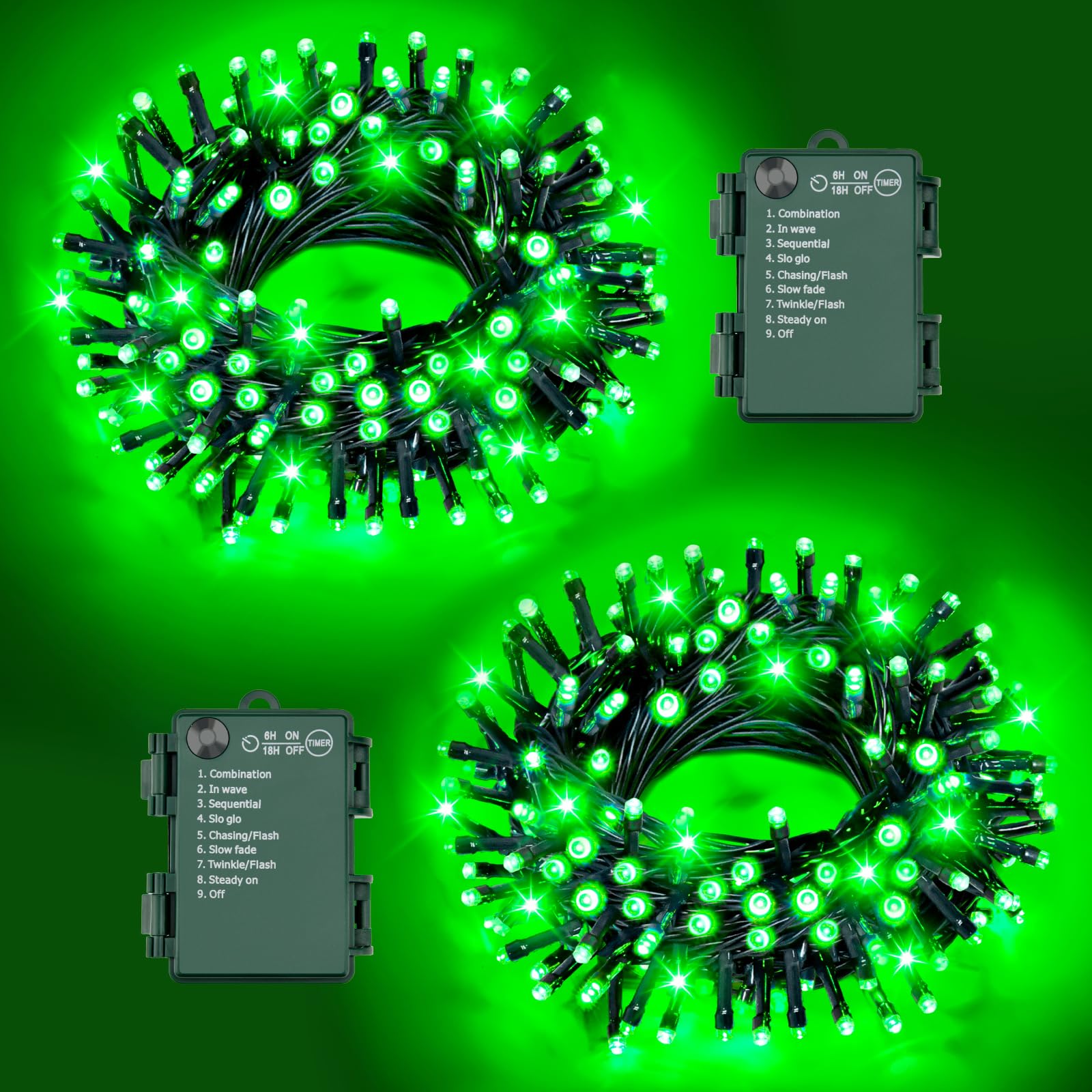 FFZZKJ Christmas Lights String Total 100LED Battery Operated Outdoor 8 Modes with Timer 16.4Ft*2  50LED*2 Waterproof Fairy Lights Indoor for Christmas Decor  Green  2-Pack