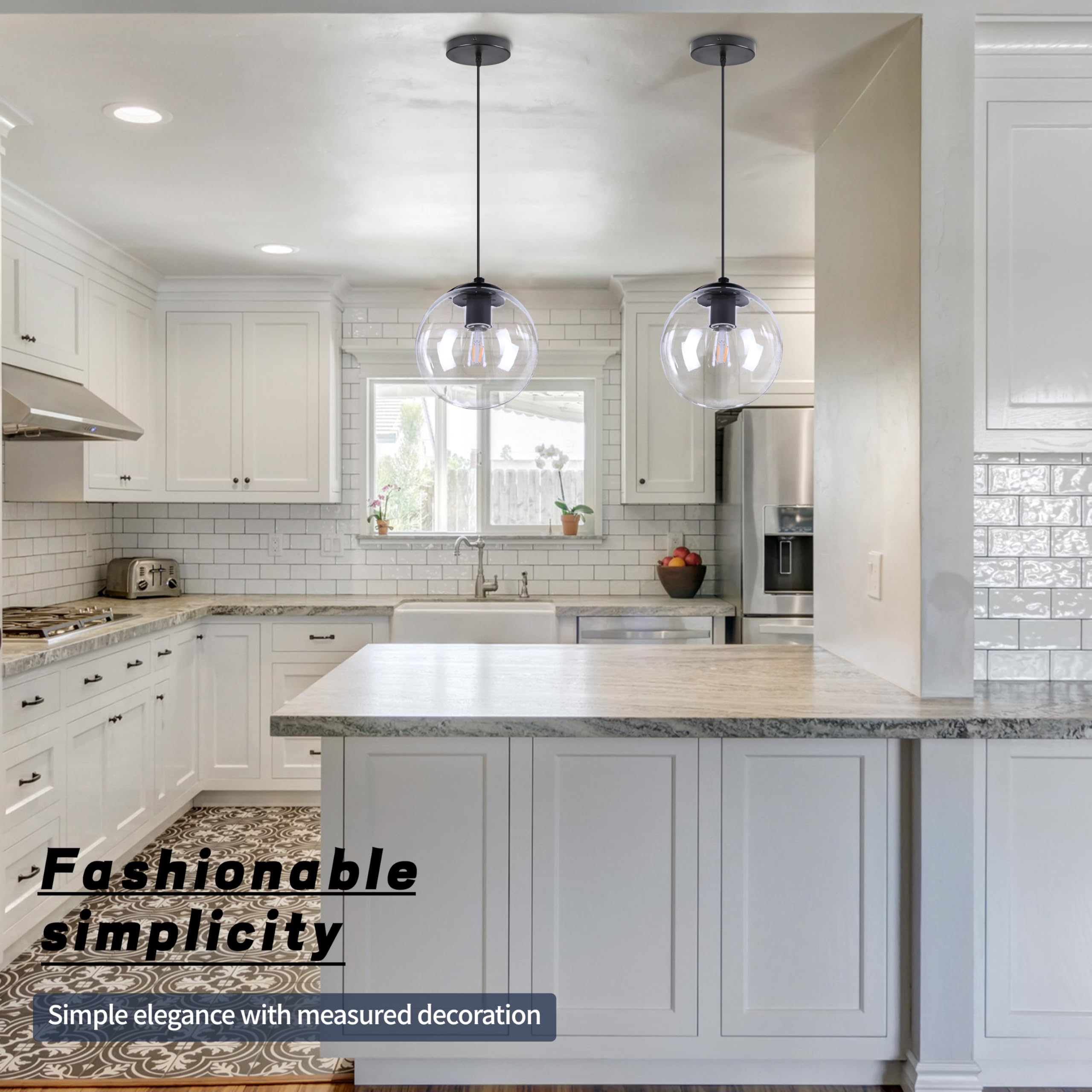 Koko&Yukina 10&quot; Black Globe Pendant Light, Adjustable Mid Century Fixture With Clear Glass Shade