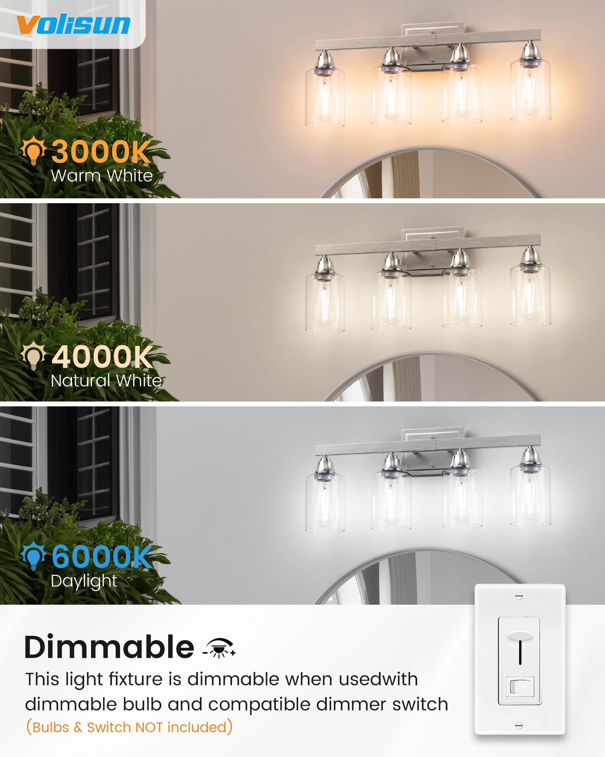 Volisun 4-Light Bathroom Light Fixtures, Brushed Nickel Bathroom Vanity Light Over Mirror, Modern Vanity Light For Bathroom, Bat