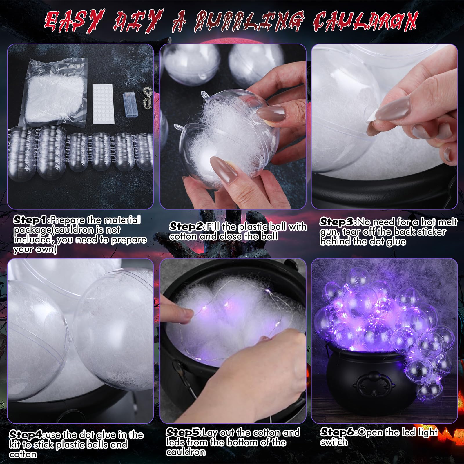 Wenqik Halloween Bubble Cauldron DIY Set, 33 Pcs, 30 Clear Plastic Balls, Purple, Model SIX-Wenqik-46
