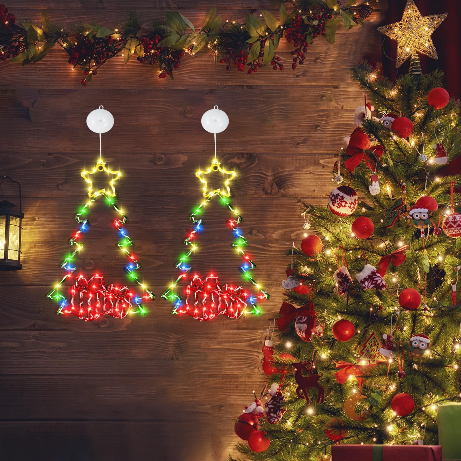 Kopotma 2Packs 14In Christmas Decorations Tree Led Lights With Timer, Battery Operated Christmas Tree Window Silhouette Lights Decorations, Christmas Wall Window Hanging Lights For Indoor Outdoor