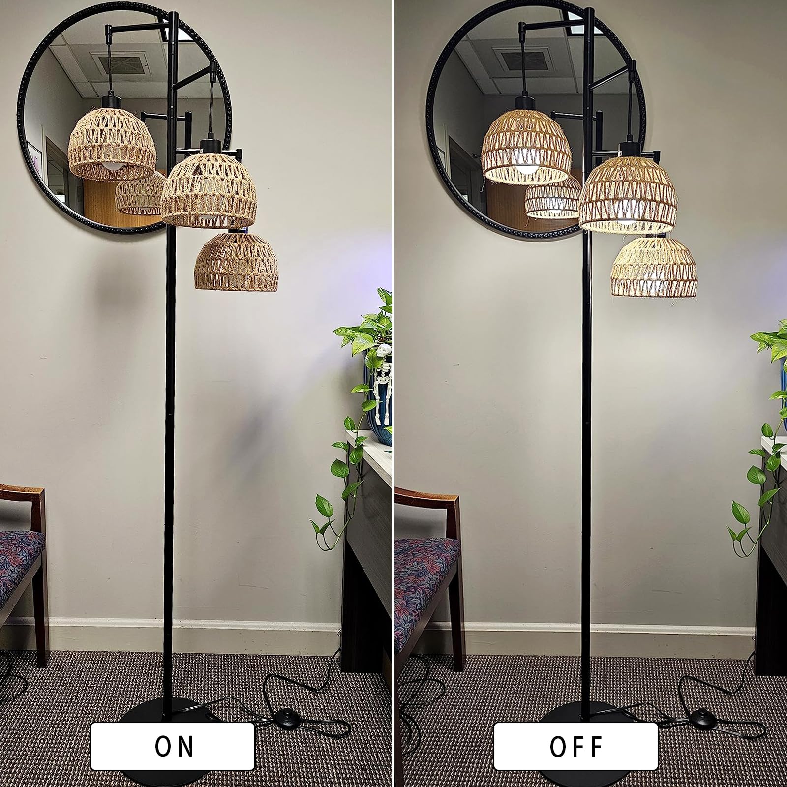 Qiyizm Floor Lamp For Living Room,Bedroom,3-Lights Boho Rattan Floor Lamps,Tree Farmhouse Industrial Black Standing Lamp Wicker
