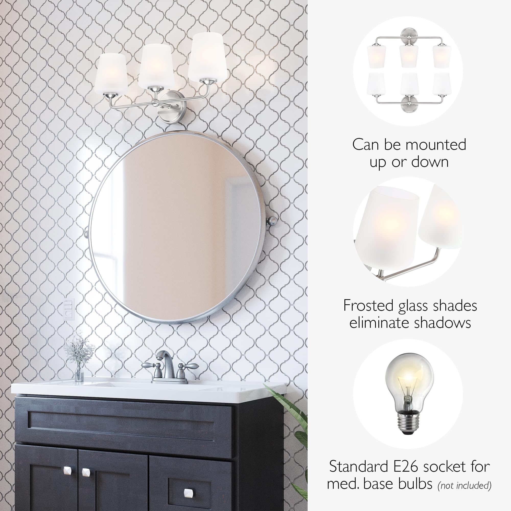 Design House Stasia Vanity Light, 3-Light, Frosted Glass, Dimmable, Satin Nickel, 23.8 in L x 6.7 in W x 11.0 in