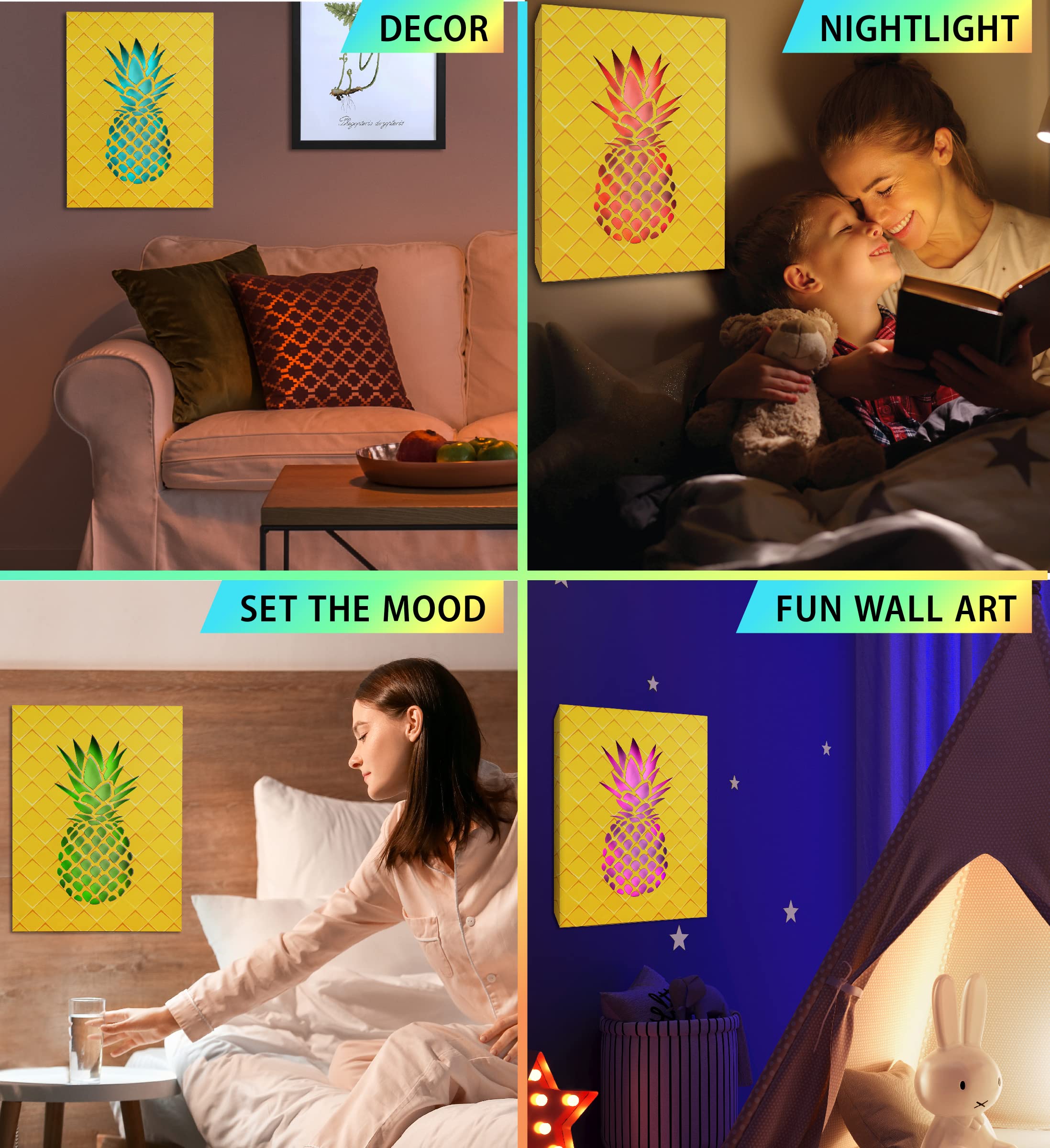 Cota Global Pineapple Led Wall Art - Color Changing Nightlight For Bedroom & Living Room, 16X12 Inch