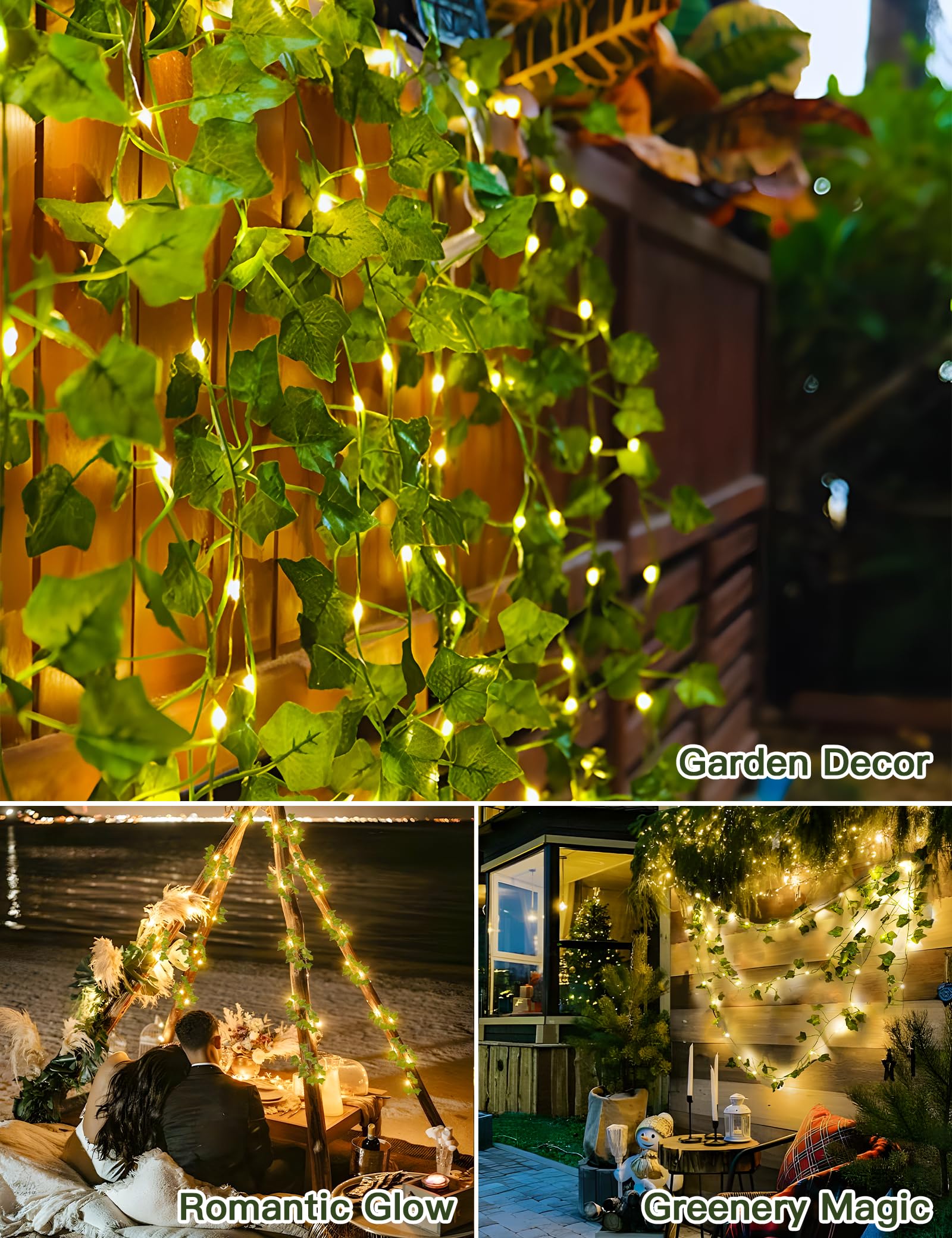 suddus Solar Fairy Lights, 100 LED Ivy String Lights, 33ft Waterproof, 8 Modes, Warm White for Outdoor, Garden, Patio, Balcony