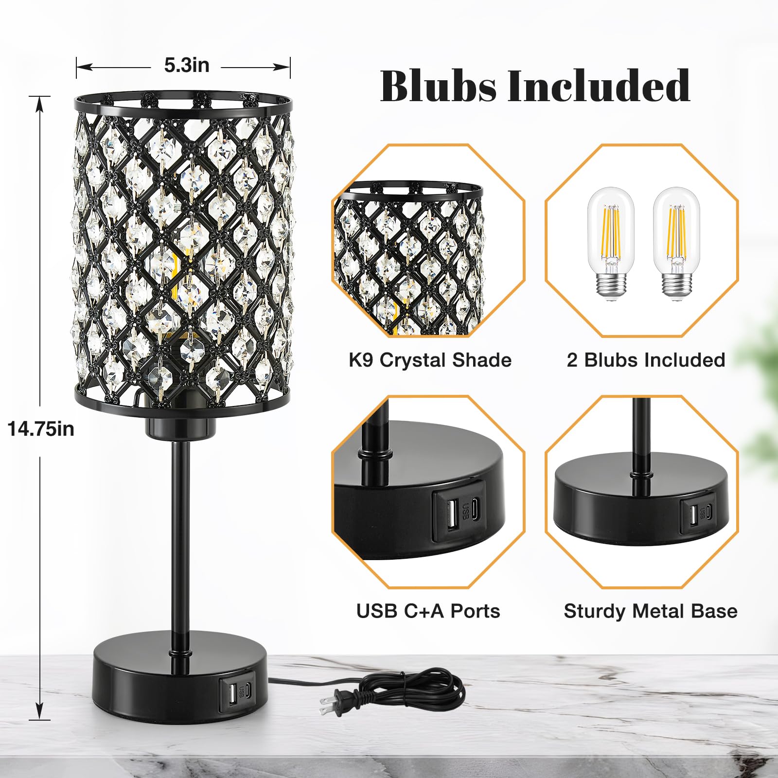 Touch Control Table Lamp, Black Crystal Table Lamps Set Of 2 With 2 Usb Charging Ports, 3-Way Dimmable Bedside Nightstand Lamps