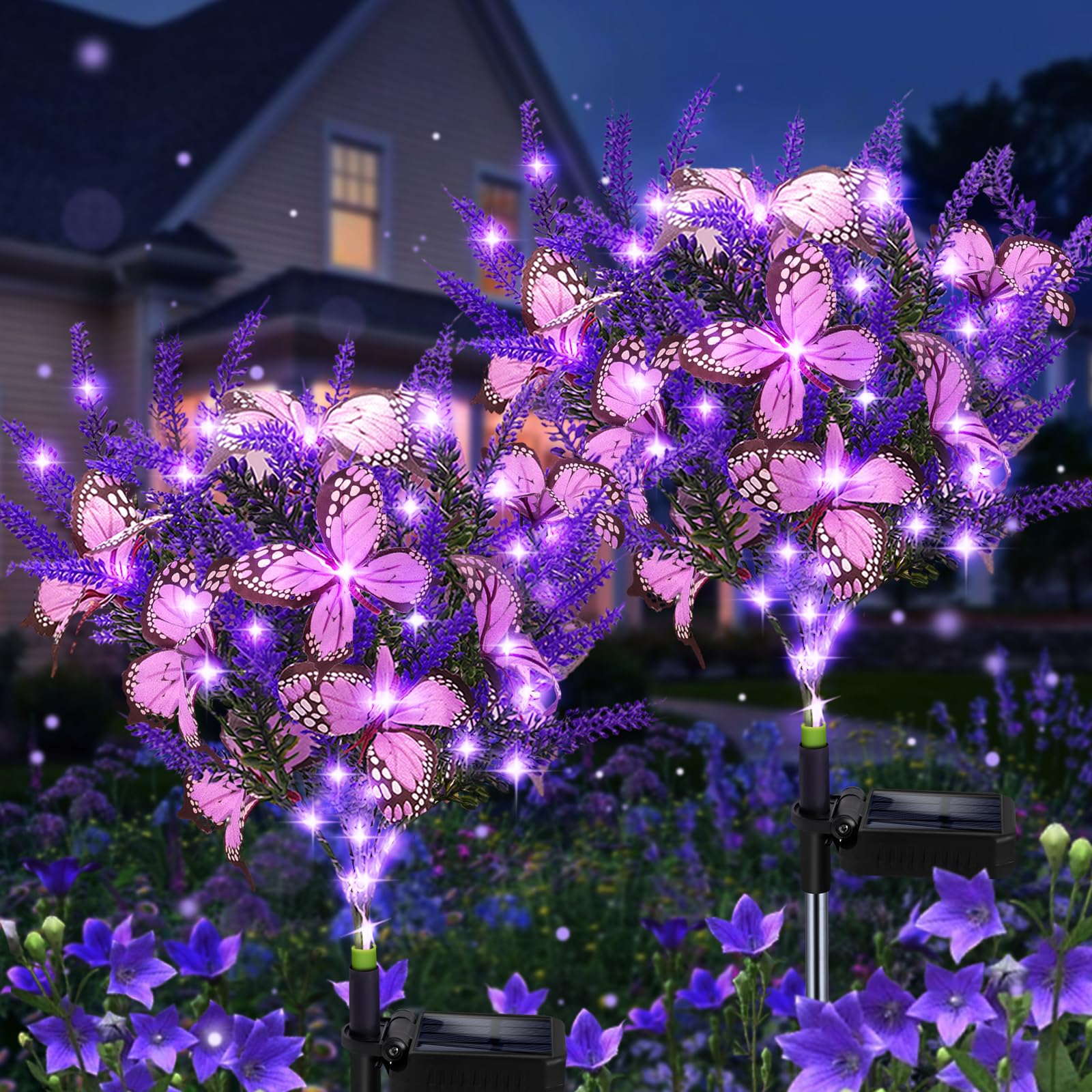 Solar Garden Lights Outdoor, 2 Pack Purple Lavender Solar Butterfly Lights Gardening Gifts For Women, Purple Solar Artificial Flower With Butterfly Purple Garden Decor For Lawn Patio