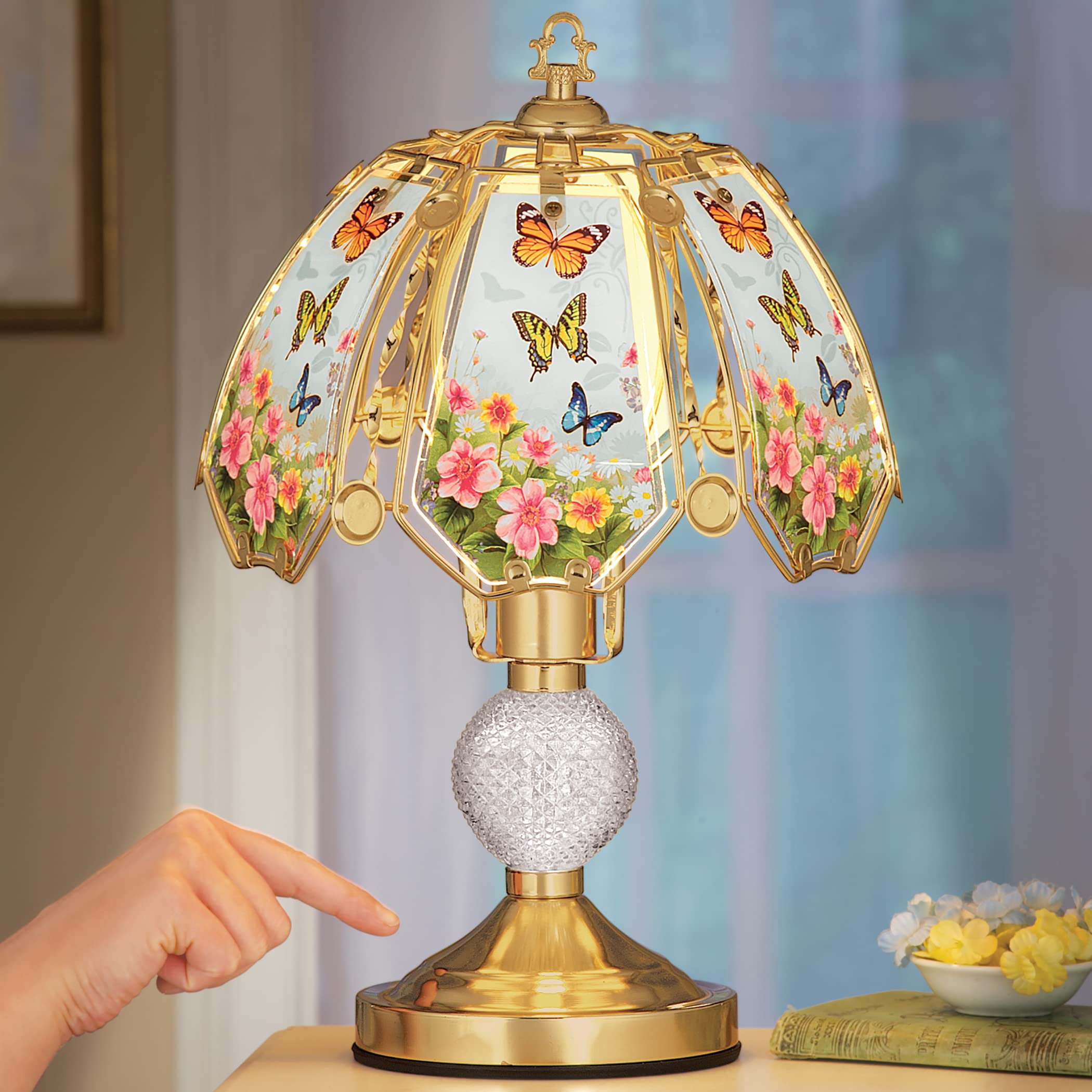 Collections Etc Floral Butterflies Glass Shade 3-Light Touch Lamp - 16 1/2 H