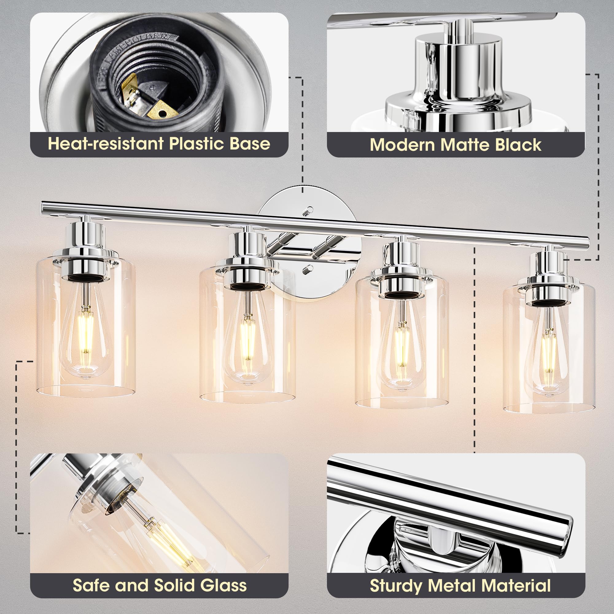 Weyderk Chrome Bathroom Vanity Light - 4 Light Bathroom Light Fixture With Clear Glass Shades, Ul Certification & E26 Base, Chrome Bathroom Vanity Lights Over Mirror For Bathroom