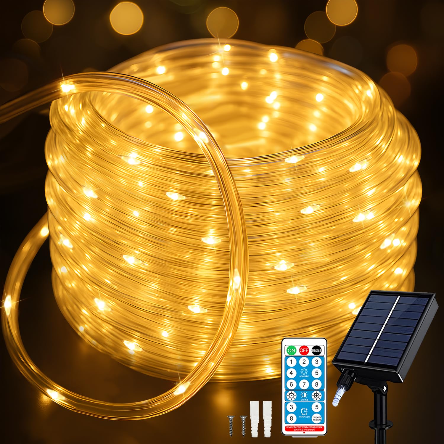ANJAYLIA Solar Rope Lights 200 LED Waterproof 66FT with Timer Remote Warm White