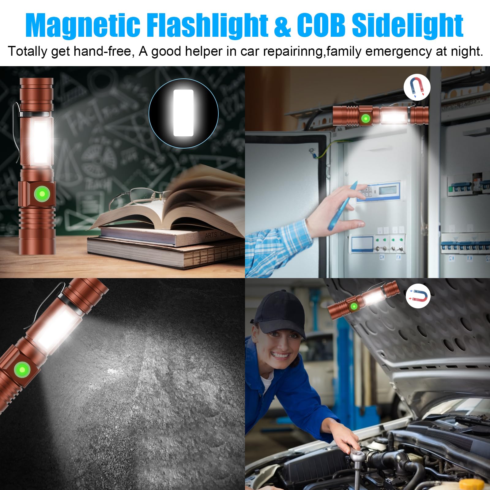 Hoxida USB Rechargeable LED Flashlight, 2000LM, Waterproof, Zoomable, Magnetic, Brown, Model 006-Blue