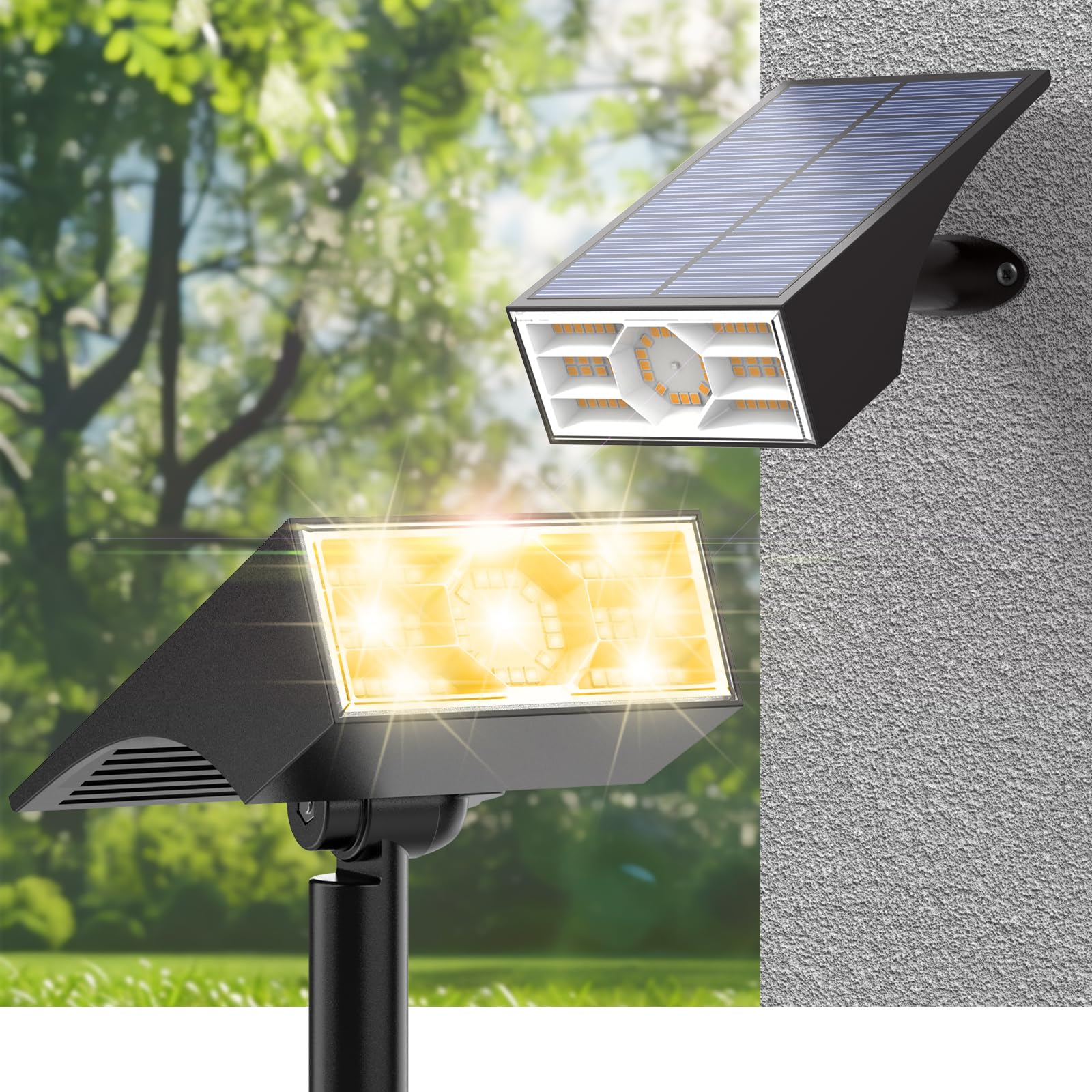 Katipeal Solar Spot Lights Outdoor, 2 Pack, 56 LED, Waterproof IP68, 4 Lighting Modes, Warm White