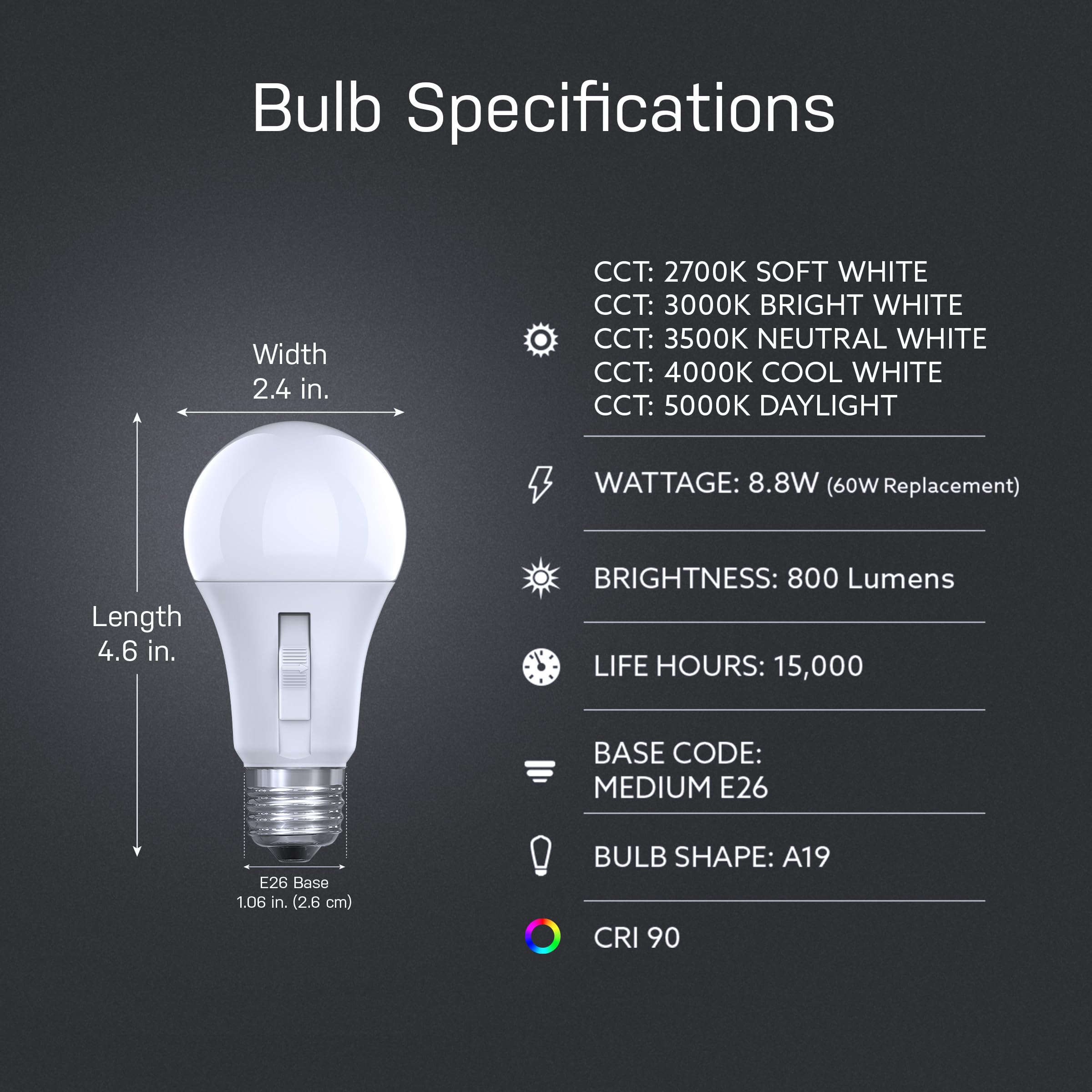 Feit Electric LED Motion Sensor Bulb, 60W Equivalent, A19, White, E26 Base, 800 Lumens, 5CCT, Non-Dimmable, Model OM60