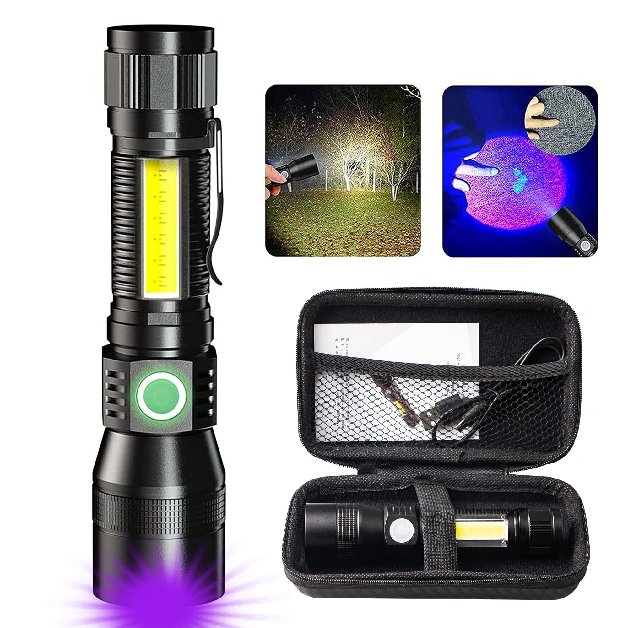 UV Flashlight Black Light, 3 in-1 Blacklight Flashlight High Lumens Rechargeable, Magnetic LED Flashlight with COB Work Light, 7