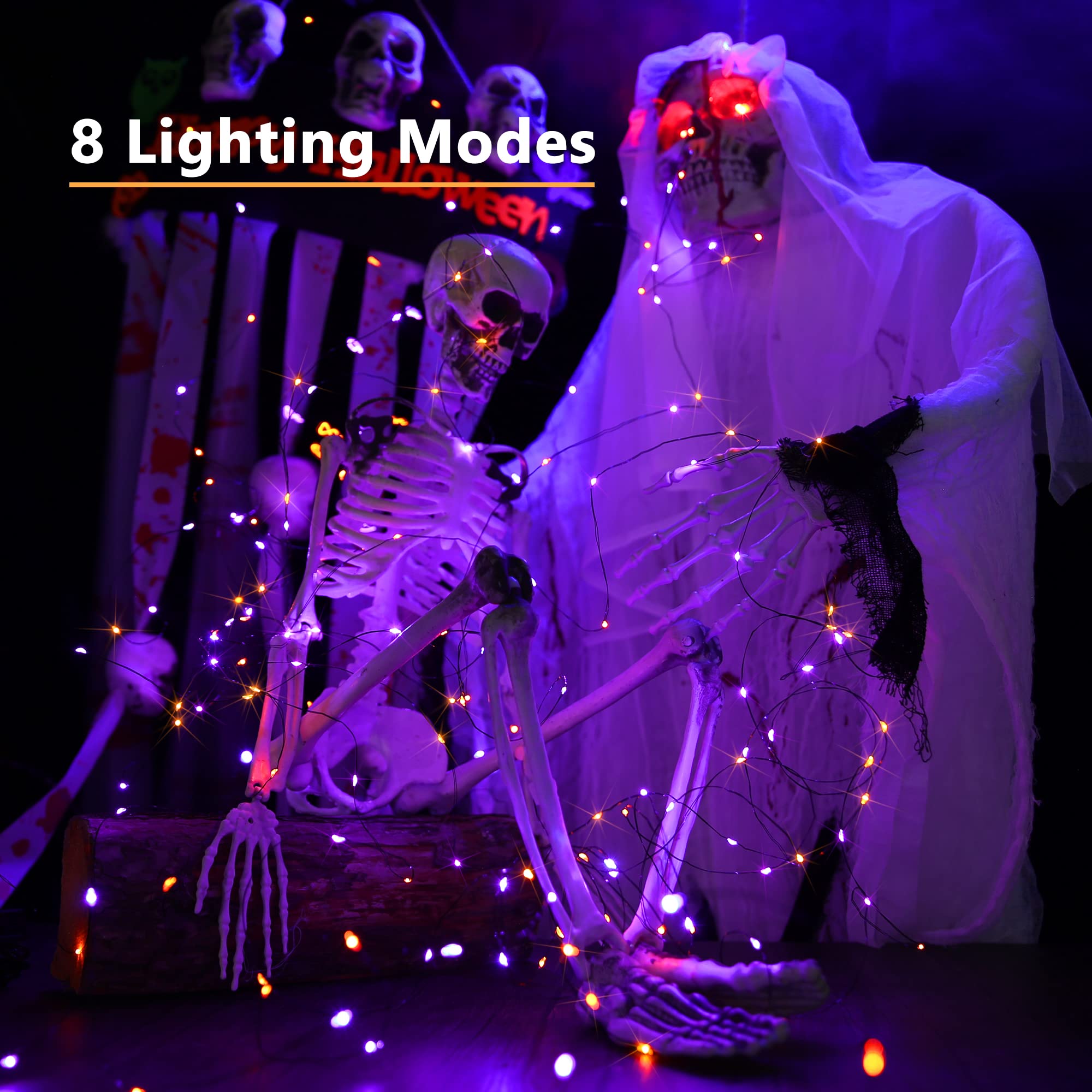 Brizled Halloween String Lights, 240 LED, 78ft, 2 Pack, Orange & Purple, Solar, 8 Modes, Outdoor Twinkle, Black Wire