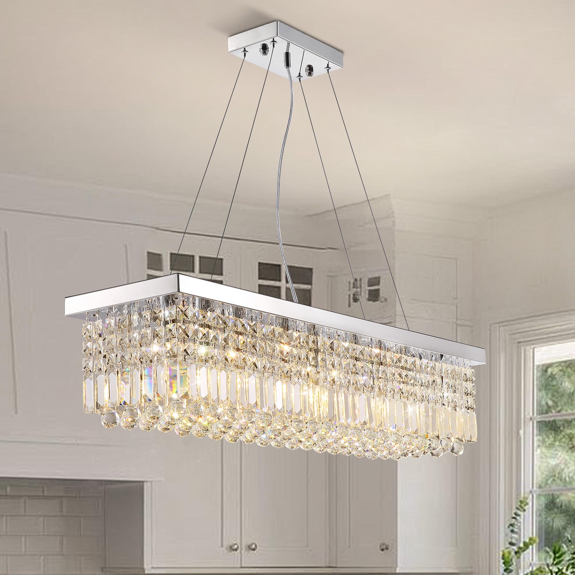 Tinkoso Crystal Chandelier For Dining Room,8-Light Modern Chandeliers,K9 Crystal Rectangle Chandelier,Farmhouse Pendant Light Fi