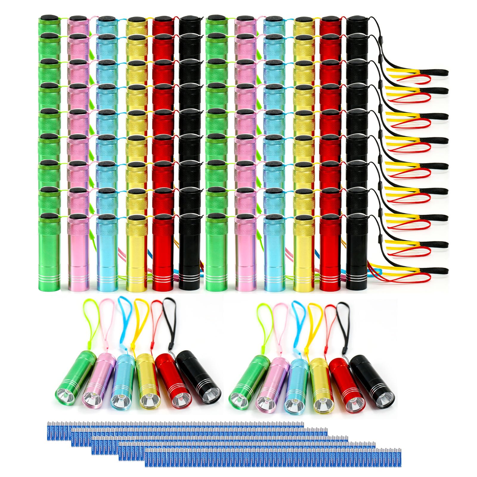 Hilngav 120 Pack Mini Flashlight Bulk Set, Small Aluminum LED Handheld Torches Flashlights Bulk with Lanyard, Assorted Colors, B