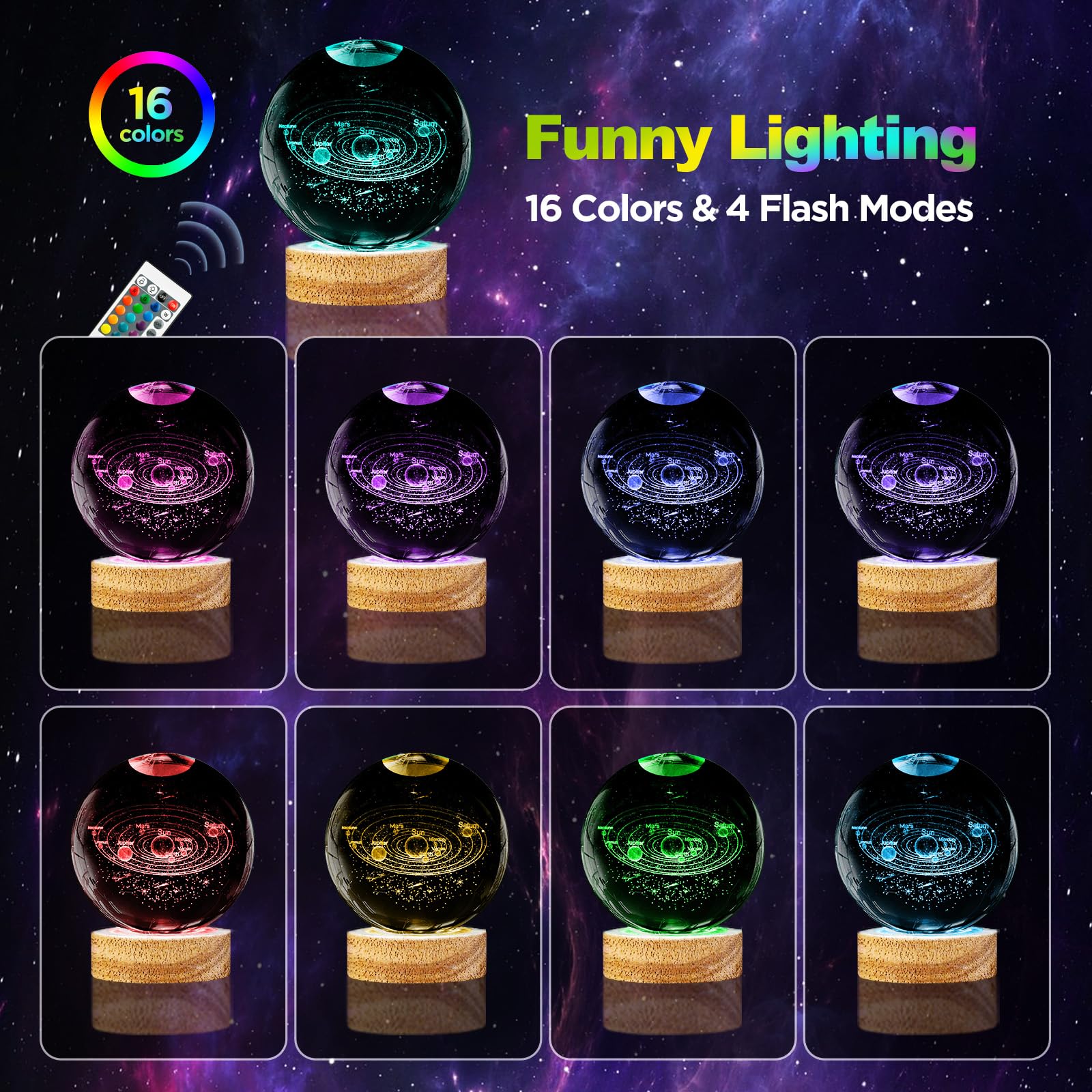 3D Solar System Crystal Ball Night Light 3.15 Inch Galaxy Planet Glass Ball Lamp With 16 Color Change Wooden Base And Remote Control Astronomy Space Gifts For Kids Friend Birthday Christmas Room Decor