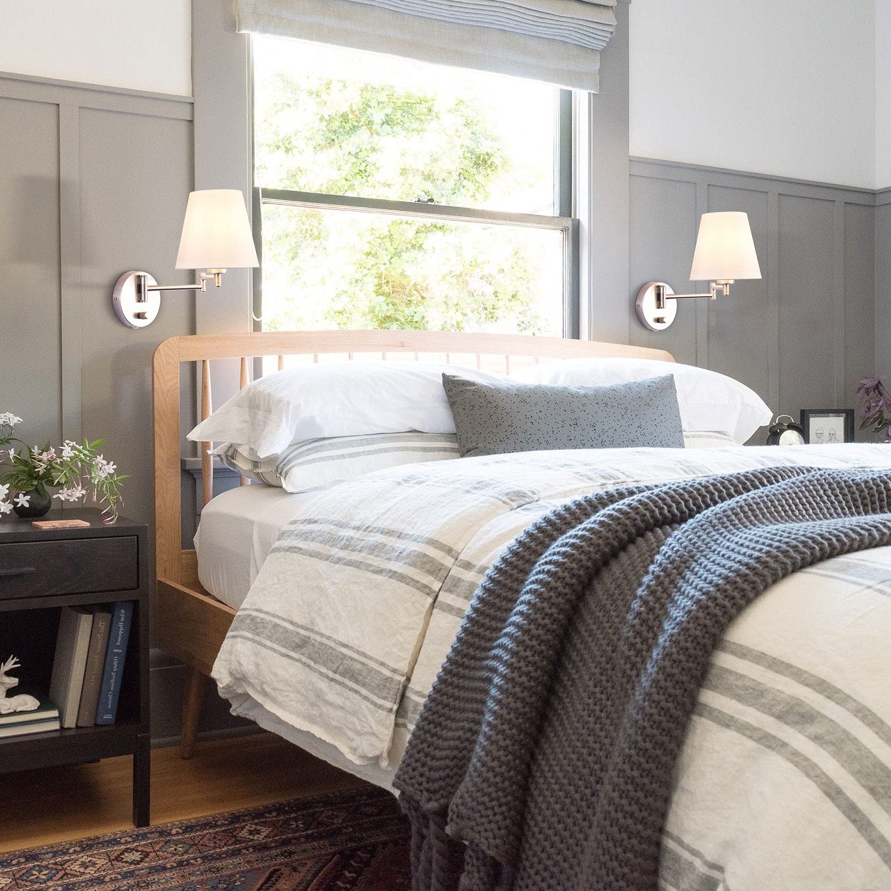 Vonluce Modern Adjustable Swing Arm Wall Lamp Brushed Nickel, Plug-In Wall Sconce Lighting For Bedroom Bedside, Living Room, Kit