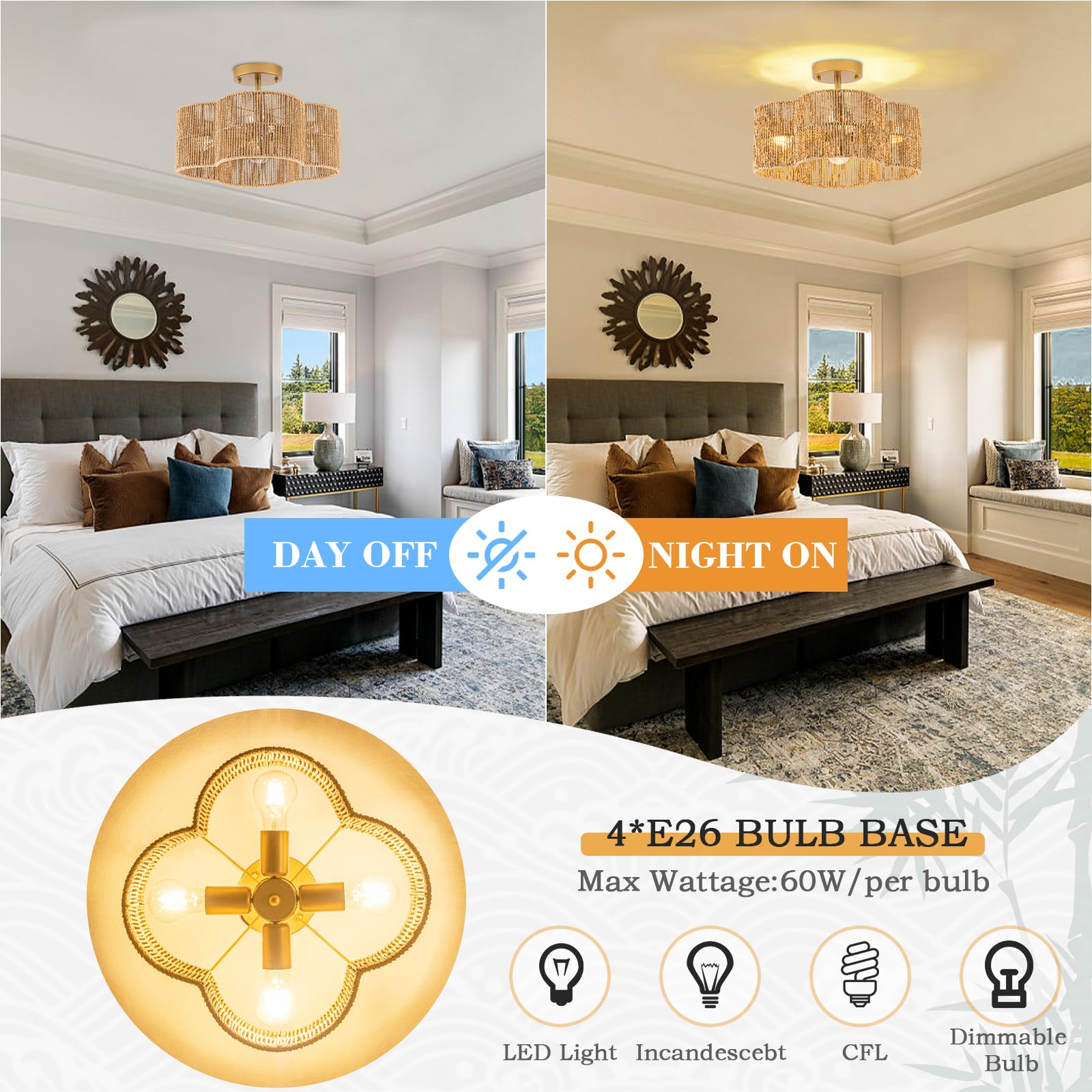 Sytpplan 4-Light Rattan Light Fixtures Ceiling Light, 15'' Semi Flush Mount Ceiling Light Wicker Boho Light Fixture With Hand-Wo