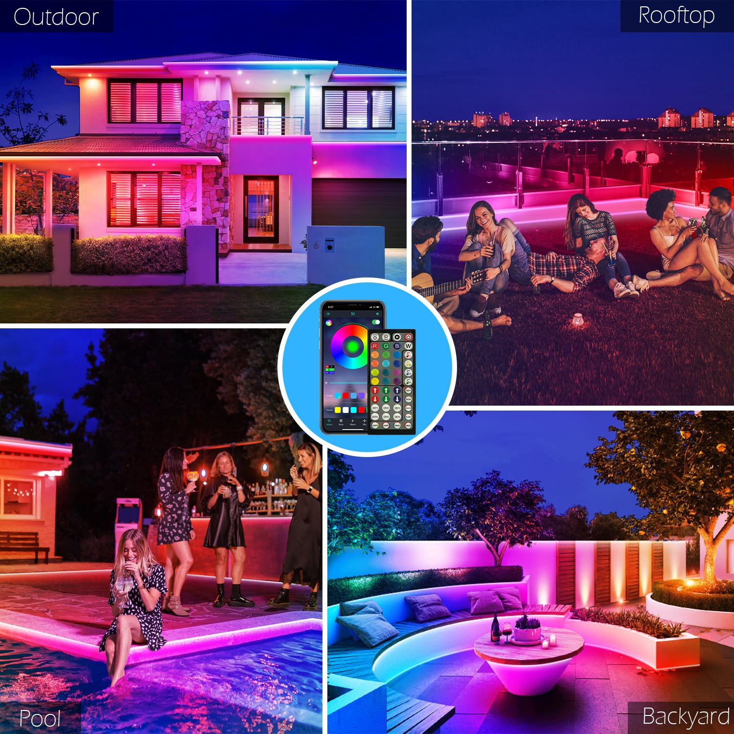 Aulimhti 100FT Outdoor Waterproof LED Strip Lights, RGB Multicolor, Music Sync, App & Remote Control for Deck, Balcony, Garden, Pool