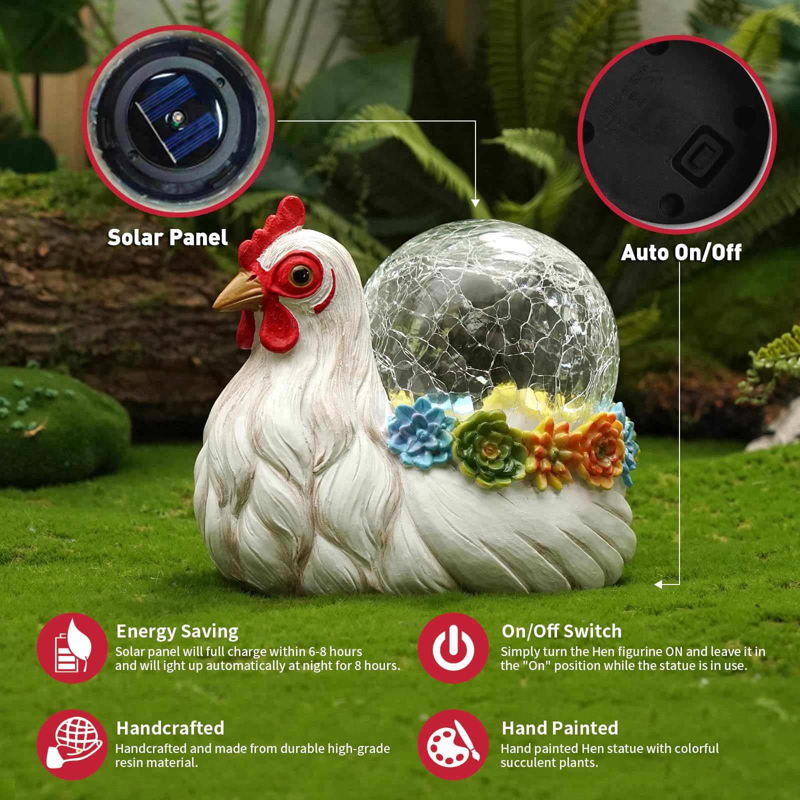 Vasesun Solar Chicken Garden Statue Lights For Outdoor Decor With Cracked Glass Led Rooster Figurine Lighting Resin Succulent He
