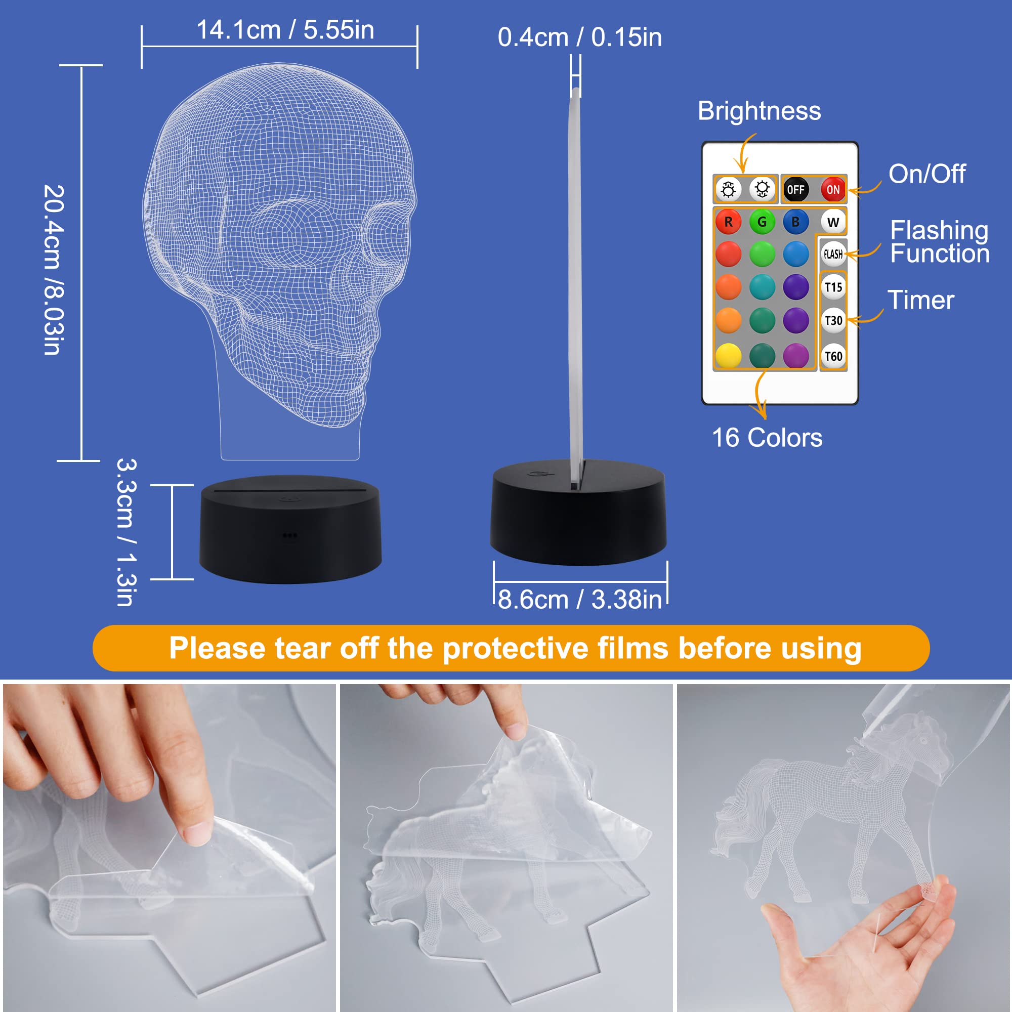 Fullosun Skull 3D Lamp Optical Illusion Night Light  Death Model Holiday Gift For Holloween Ghost Festival  Men Room Night Light With Remote Control 16 Colors Changing