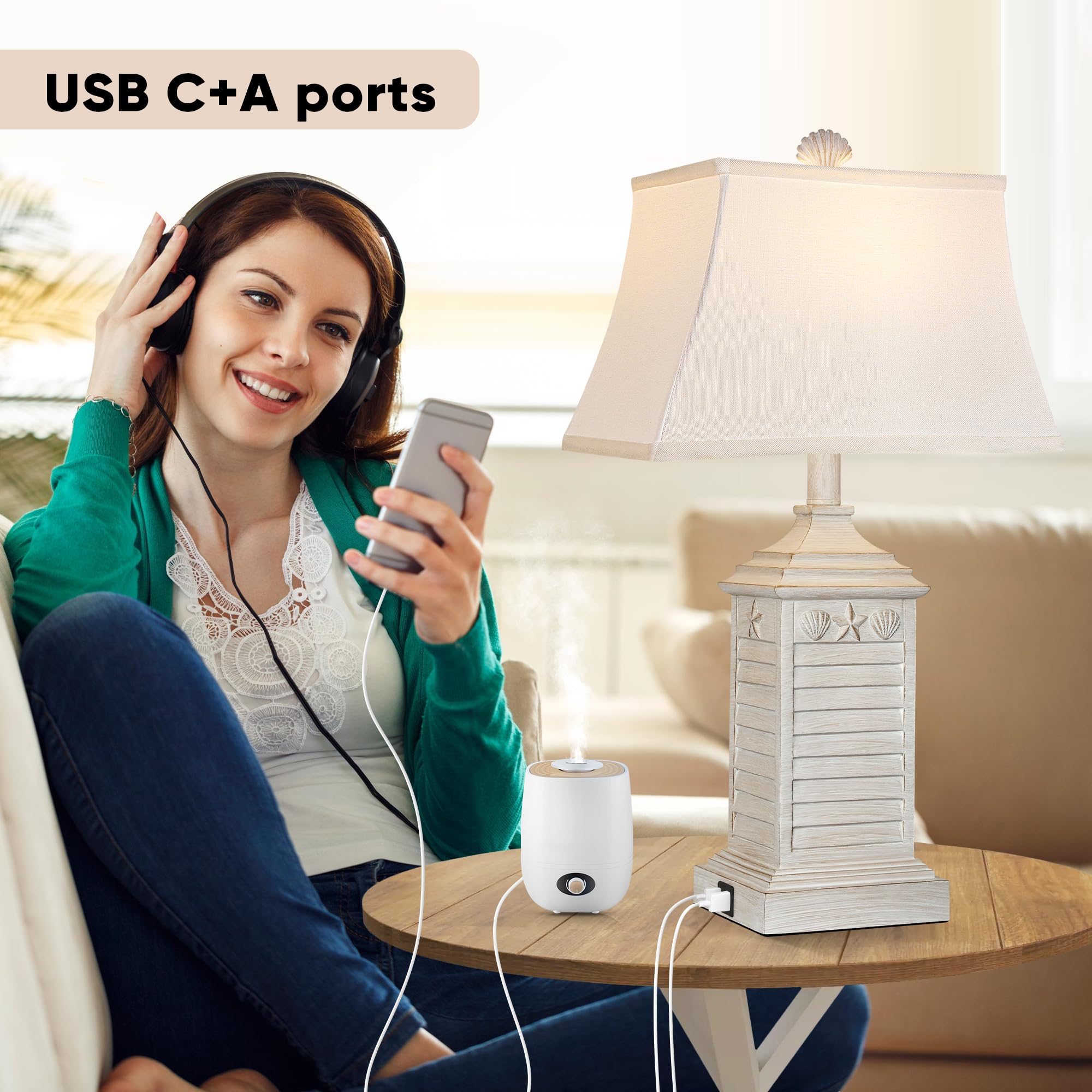 Hamucd Coastal Table Lamps Set of 2 - Washed White Modern Resin with USB A+C - LED 3-Color Temperature Nautical Decor