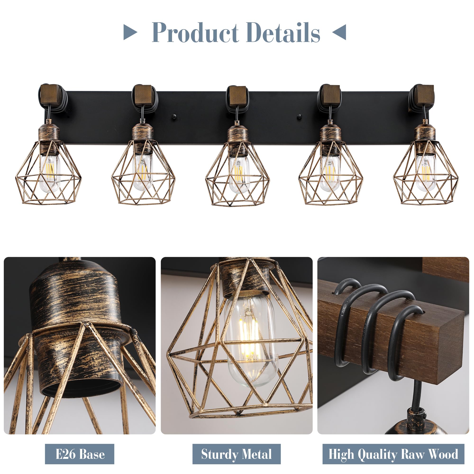 Farmhouse Bathroom Light Fixtures, 5-Light Bathroom Lighting Fixtures Over Mirror, Rustic Wood Black Gold Vanity Lights Wall Sco
