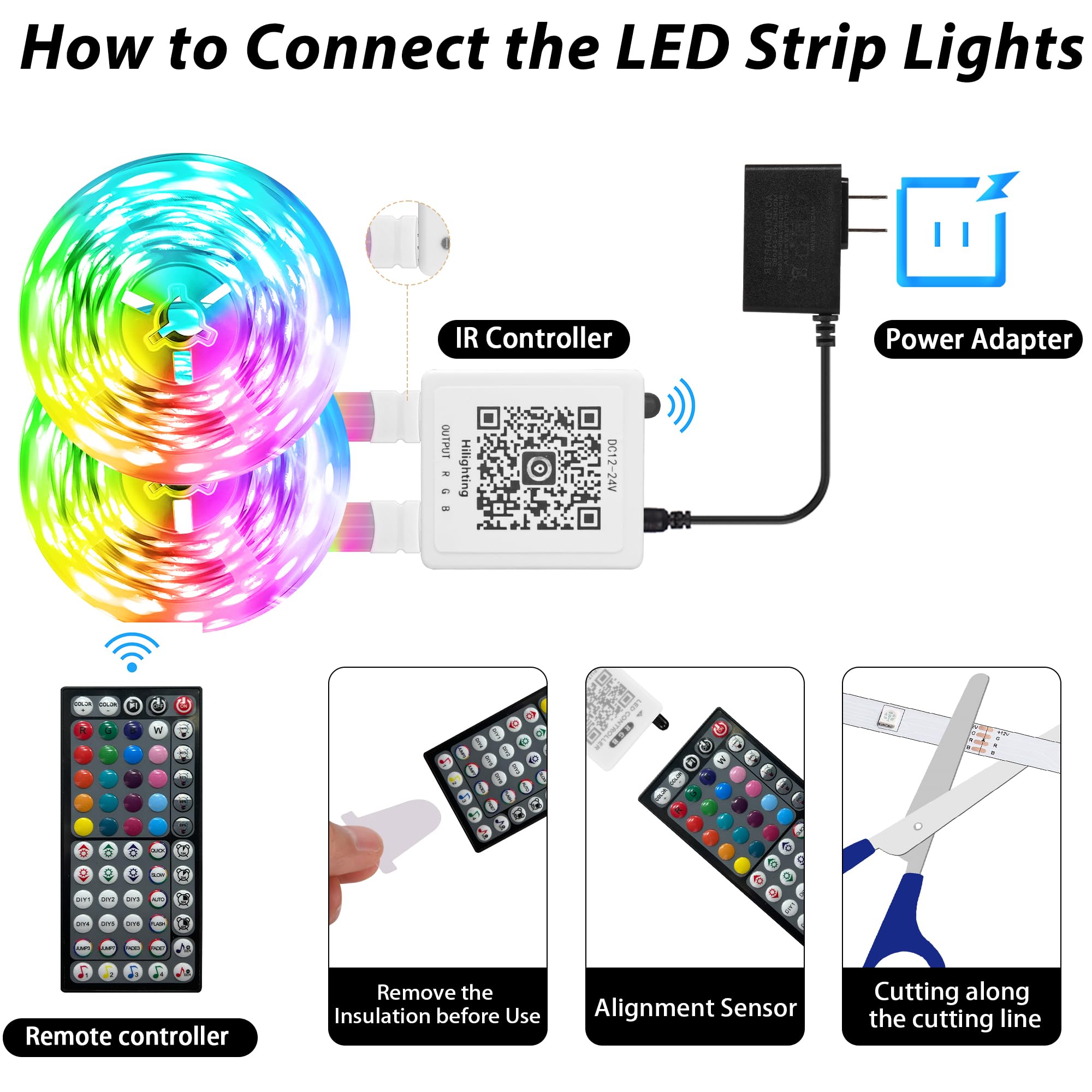 GANZQH RGB LED Strip Lights, 300FT Color Changing, Music Sync, Remote/App Control, Plastic, White, Model GAN-rgb008-2